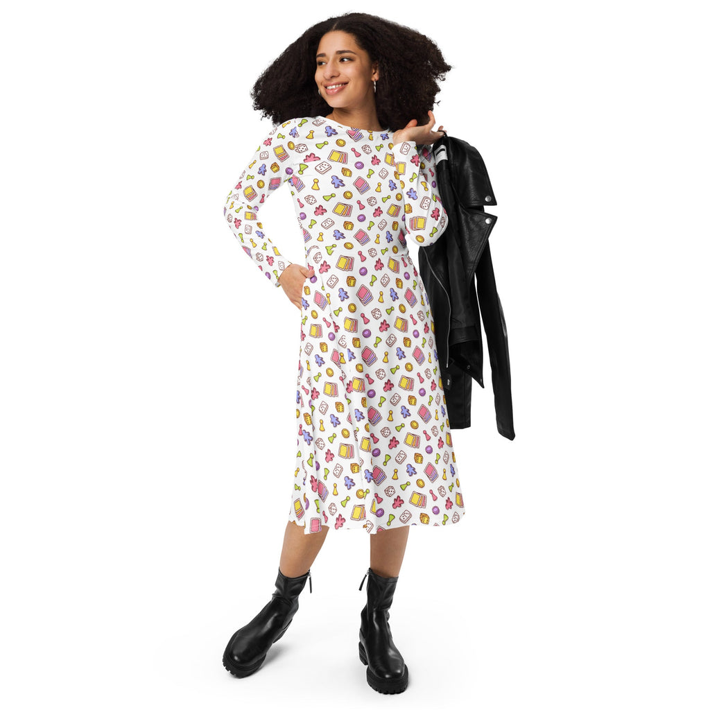 Board Game Objects Meeples White Long Sleeve Midi Dress 4