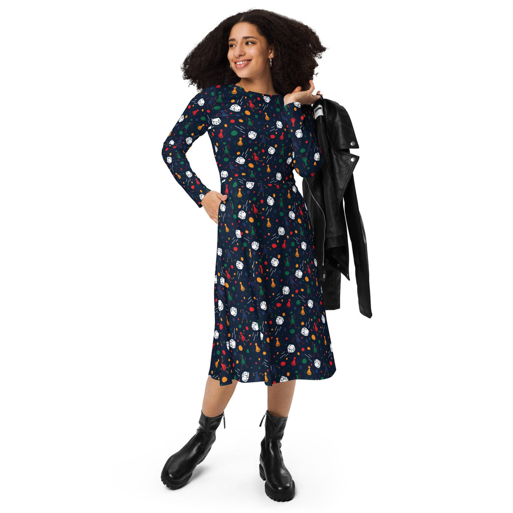Pawn Party Blue Board Game Long Sleeve Midi Dress 4