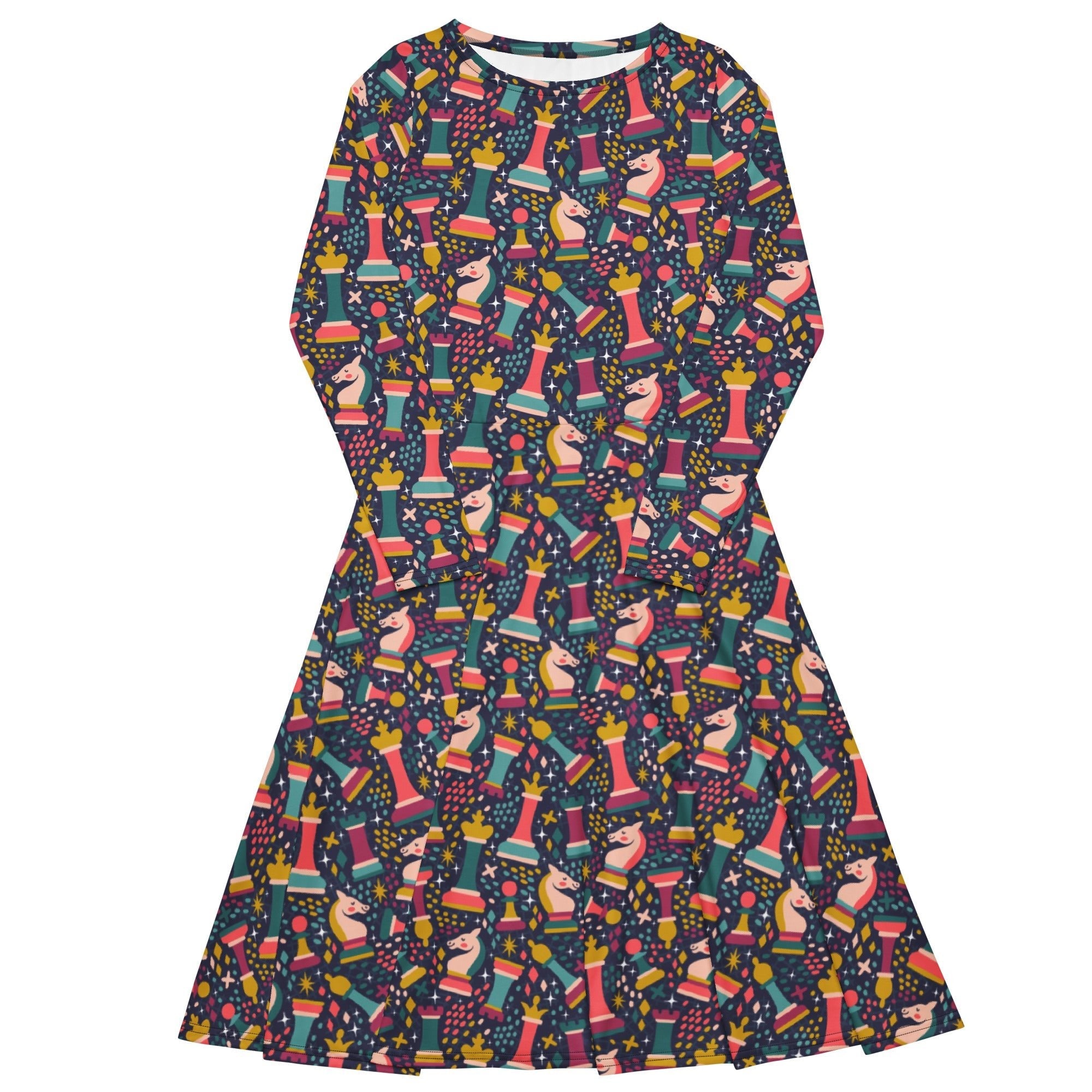Chess Colorful Chess Pieces Blue Long Sleeve Midi Dress 1