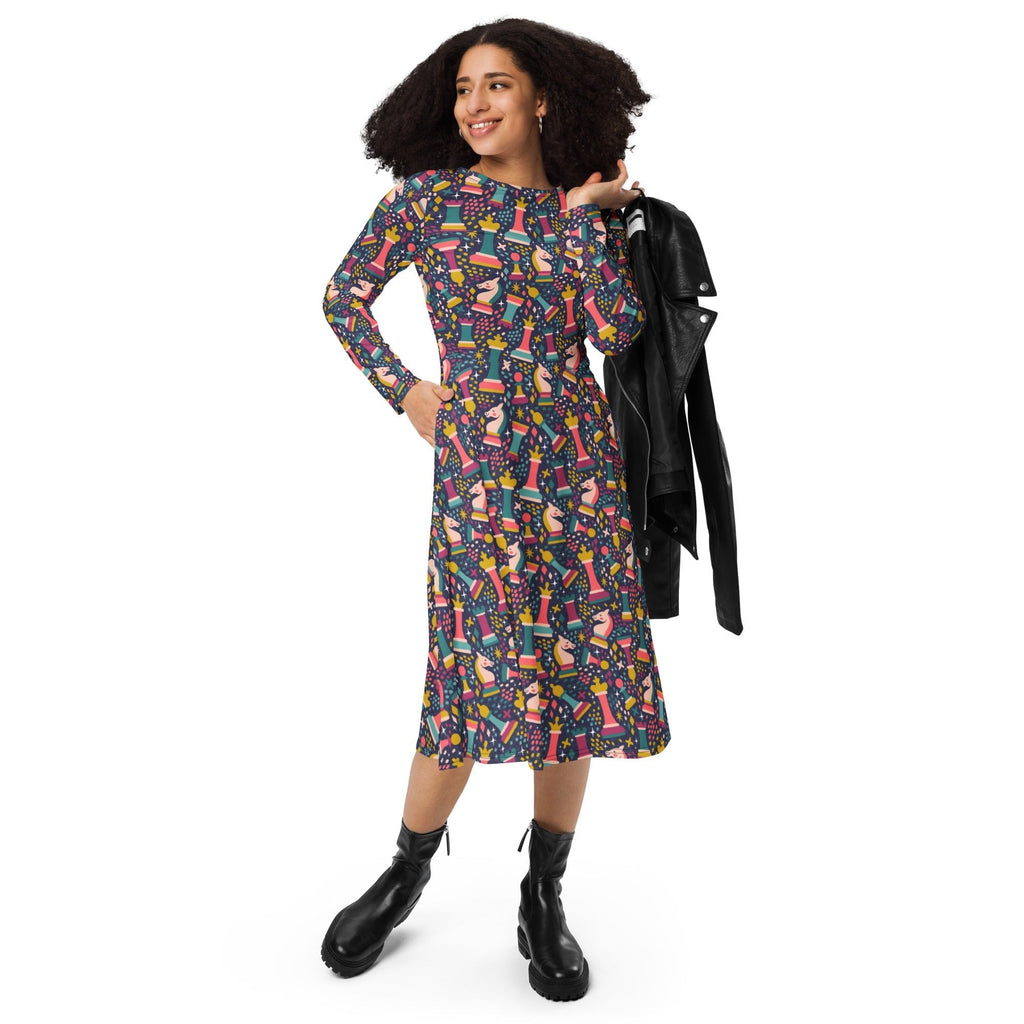 Chess Colorful Chess Pieces Blue Long Sleeve Midi Dress 4