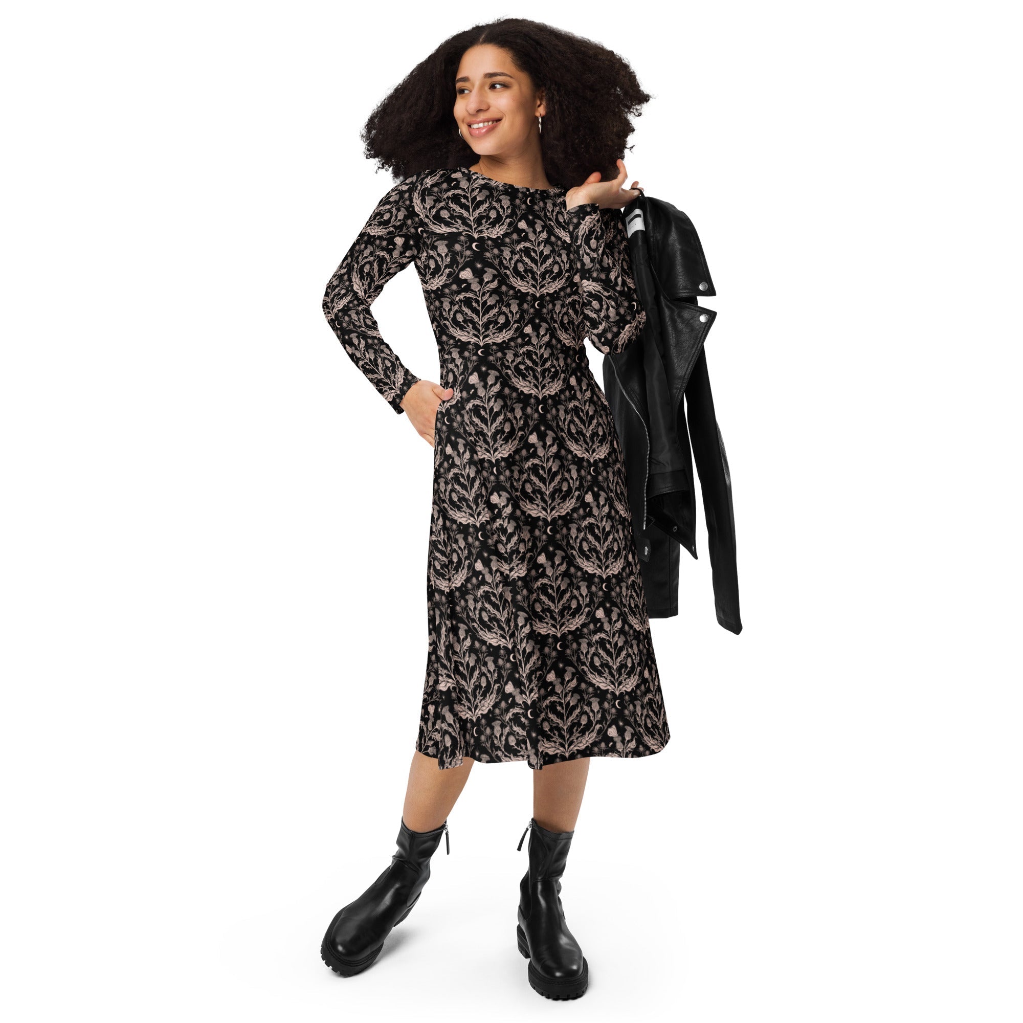 Episodic Thistle Home Black White Long Sleeve Midi Dress 4