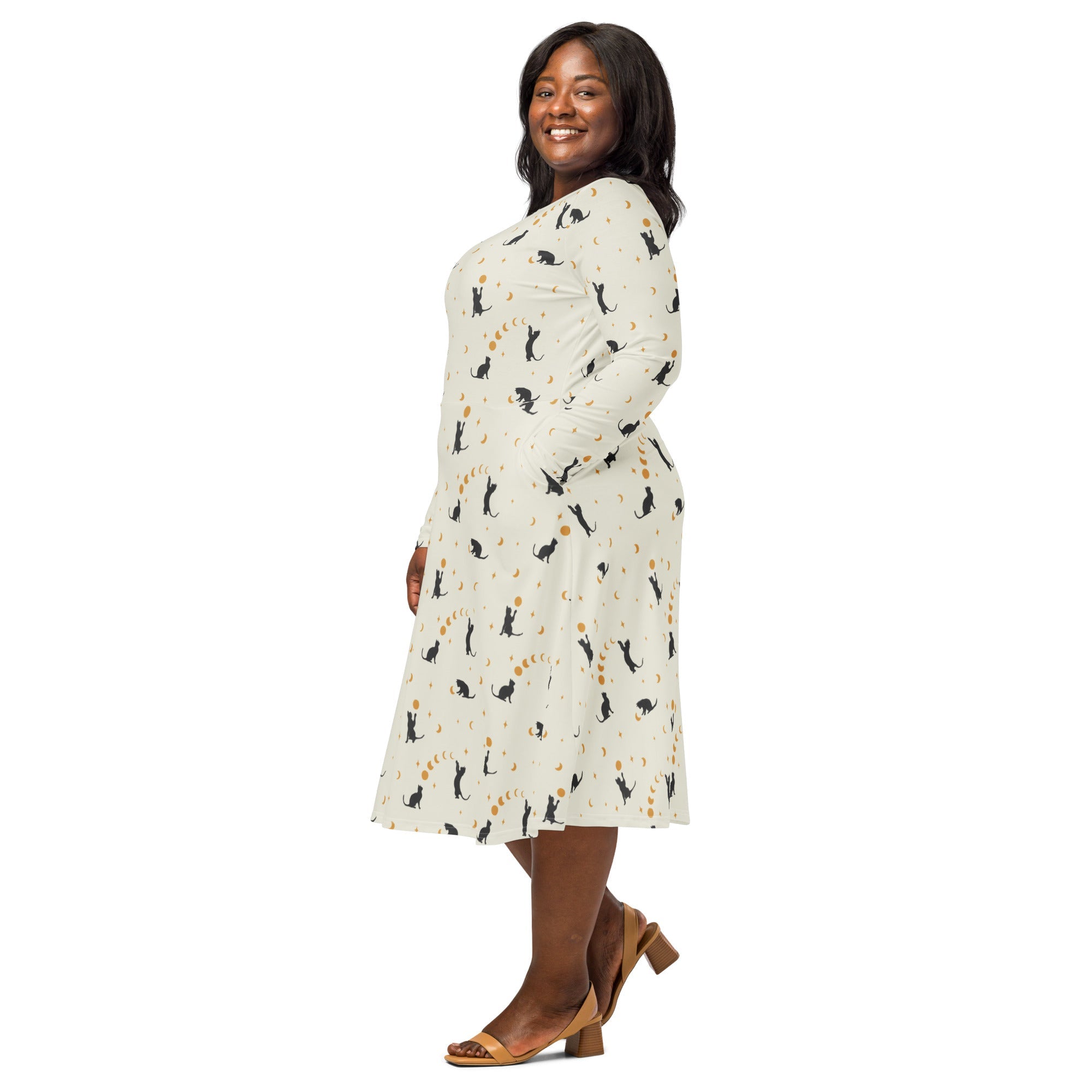 Nerdy Episodic Cat Catching the Moon Long Sleeve Midi Dress