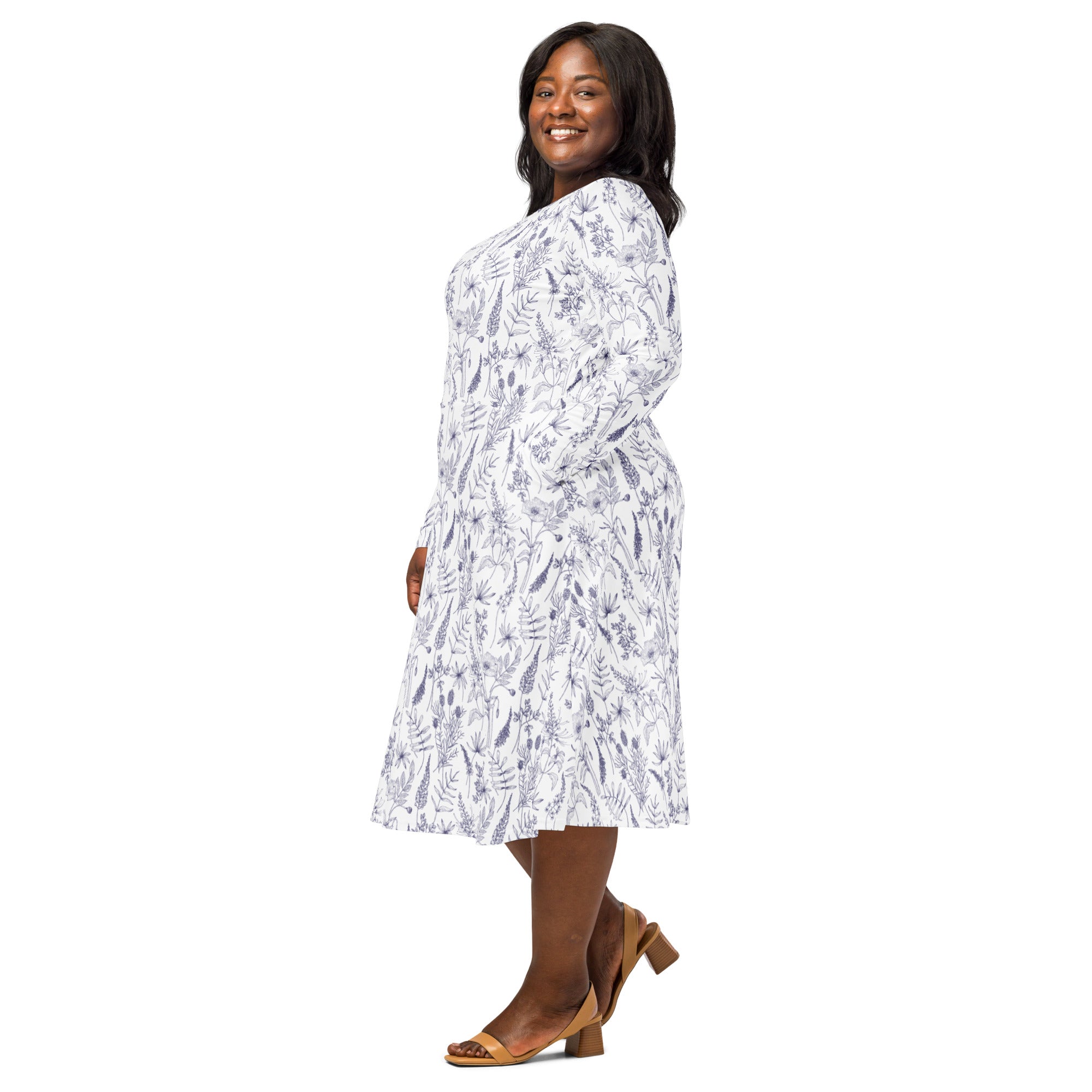 Nerdy Simple Botany Flowers Herbs White Blue Long Sleeve Midi Dress