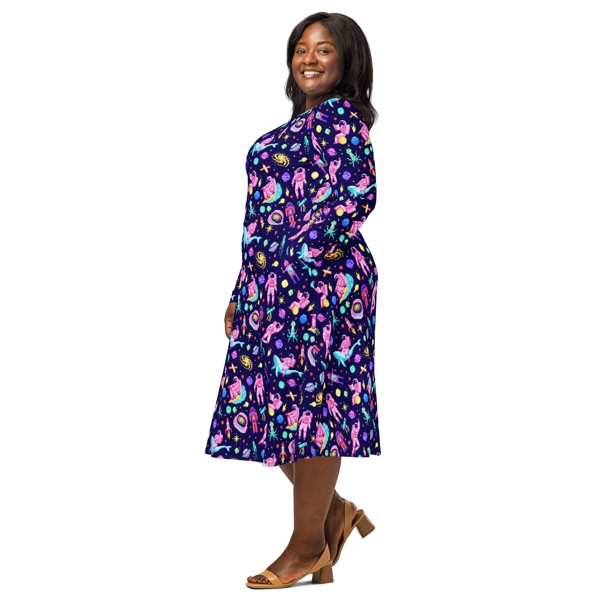 Nerdy Astronaut Pixels Outer Space Purple Blue Long Sleeve Midi Dress
