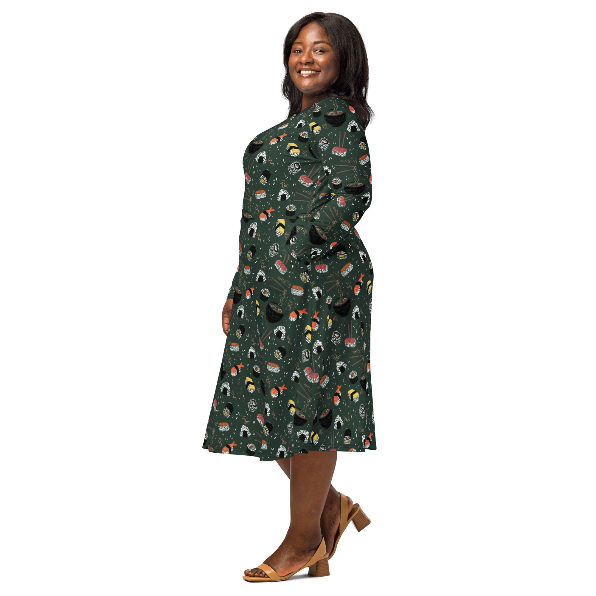 Nerdy Oishi Sushi Green Long Sleeve Midi Dress
