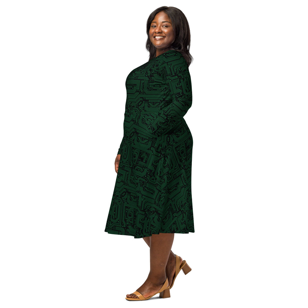 Nerdy Green Computer Circuits Long Sleeve Midi Dress