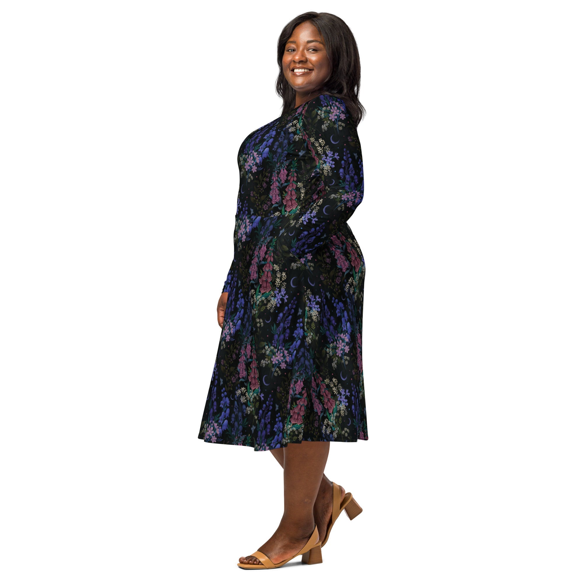 Nerdy Floral Purple Night Long Sleeve Midi Dress