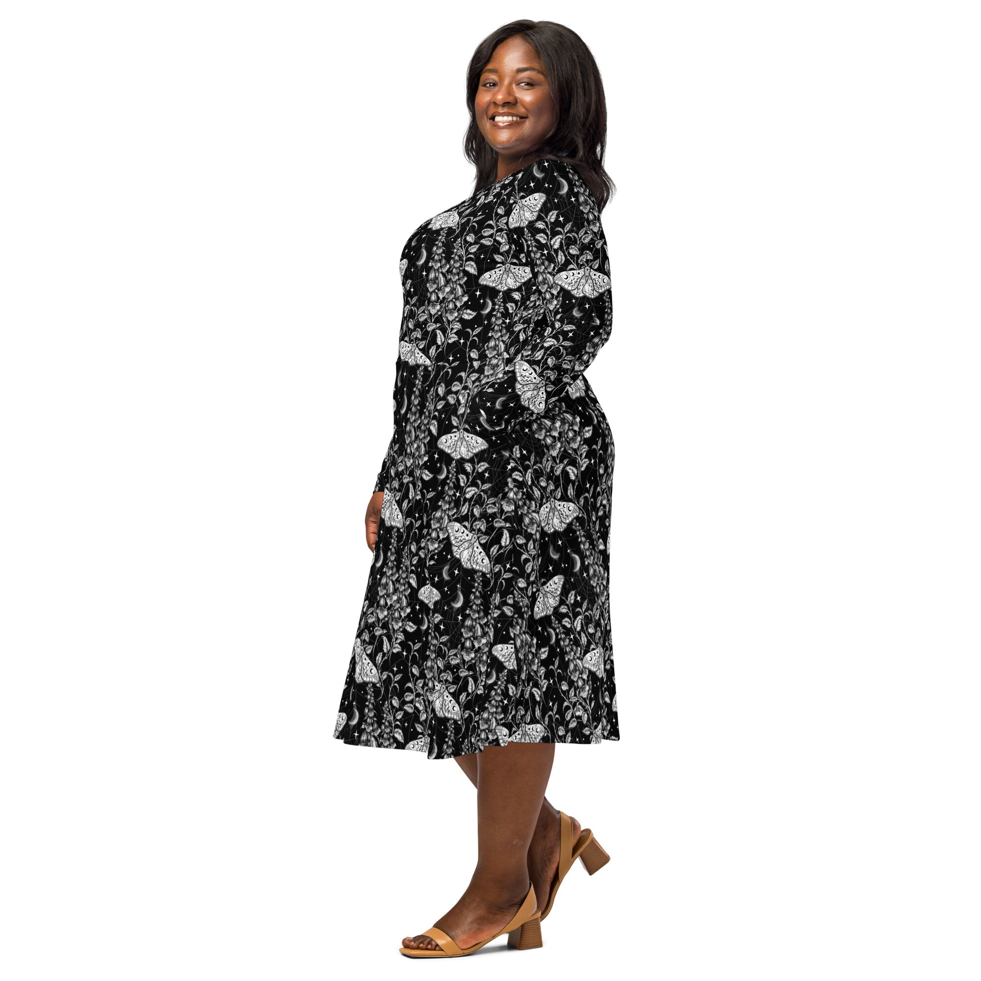 Nerdy Episodic Moth Black White Night Long Sleeve Midi Dress