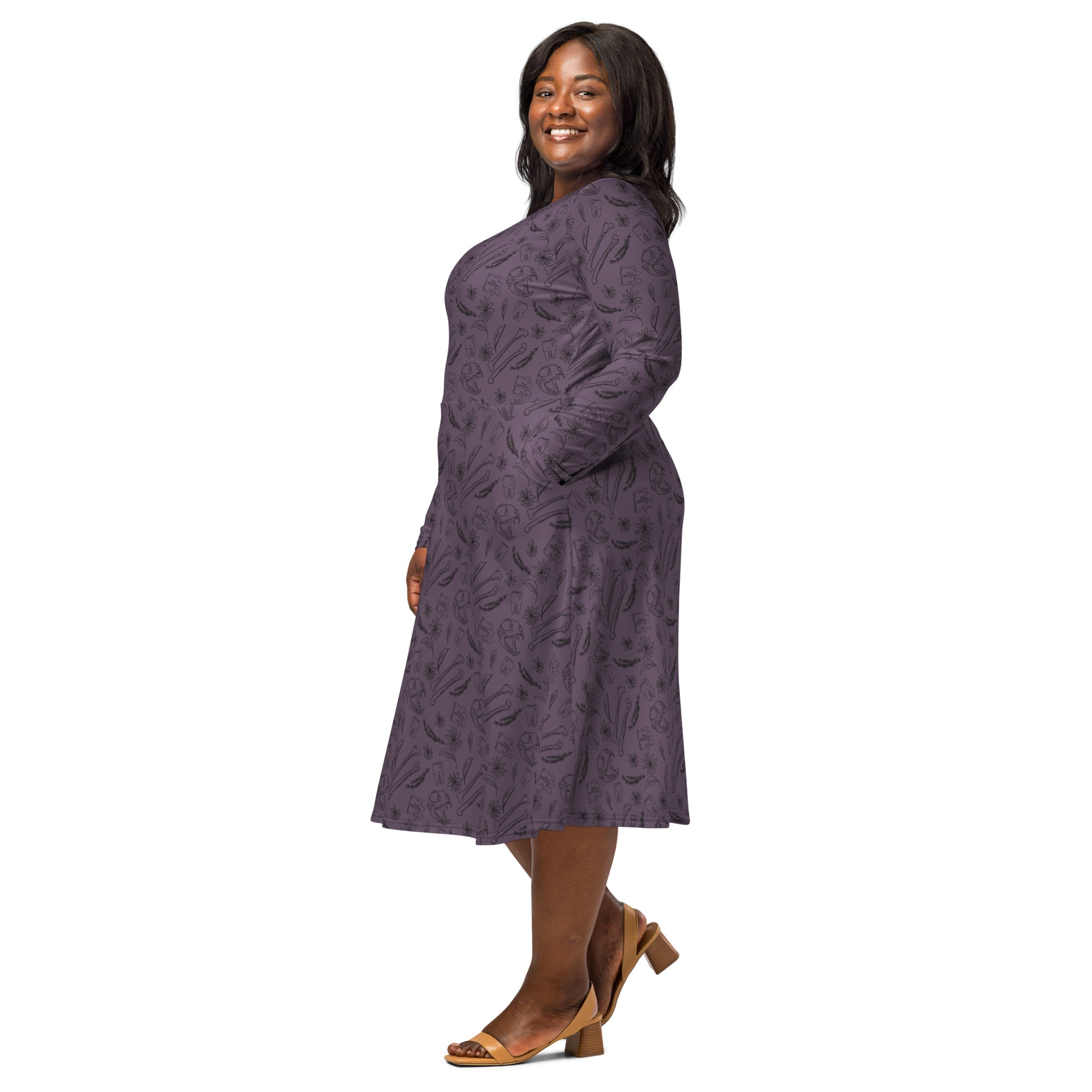 Nerdy Bones and Flowers Purple Long Sleeve Midi Dress