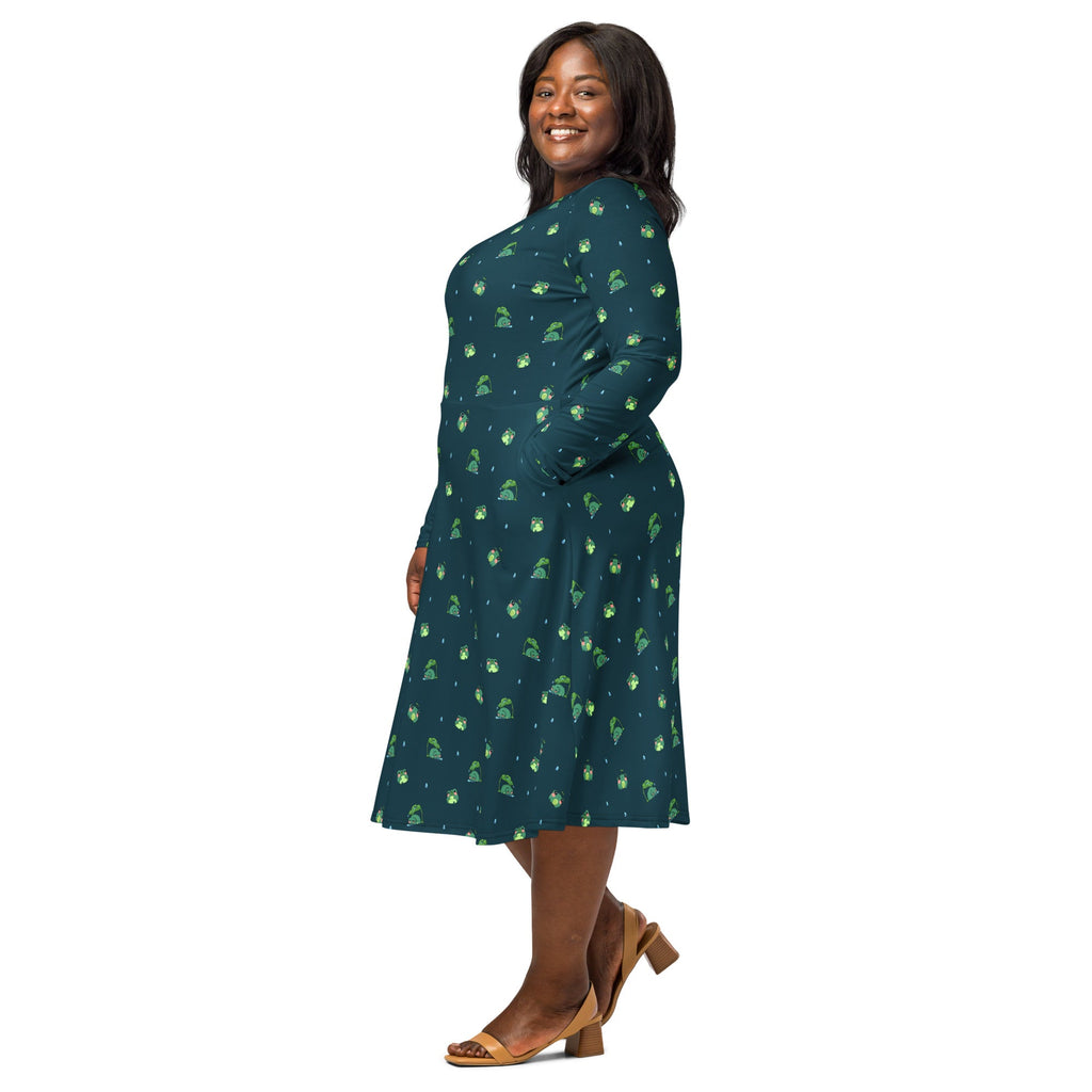 Nerdy Raining Frogs Dark Teal Long Sleeve Midi Dress