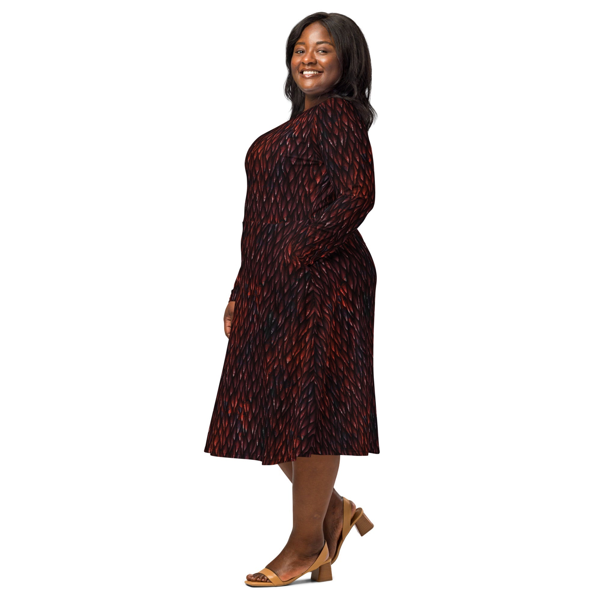 Nerdy Red Dragon Scales Dnd Long Sleeve Midi Dress
