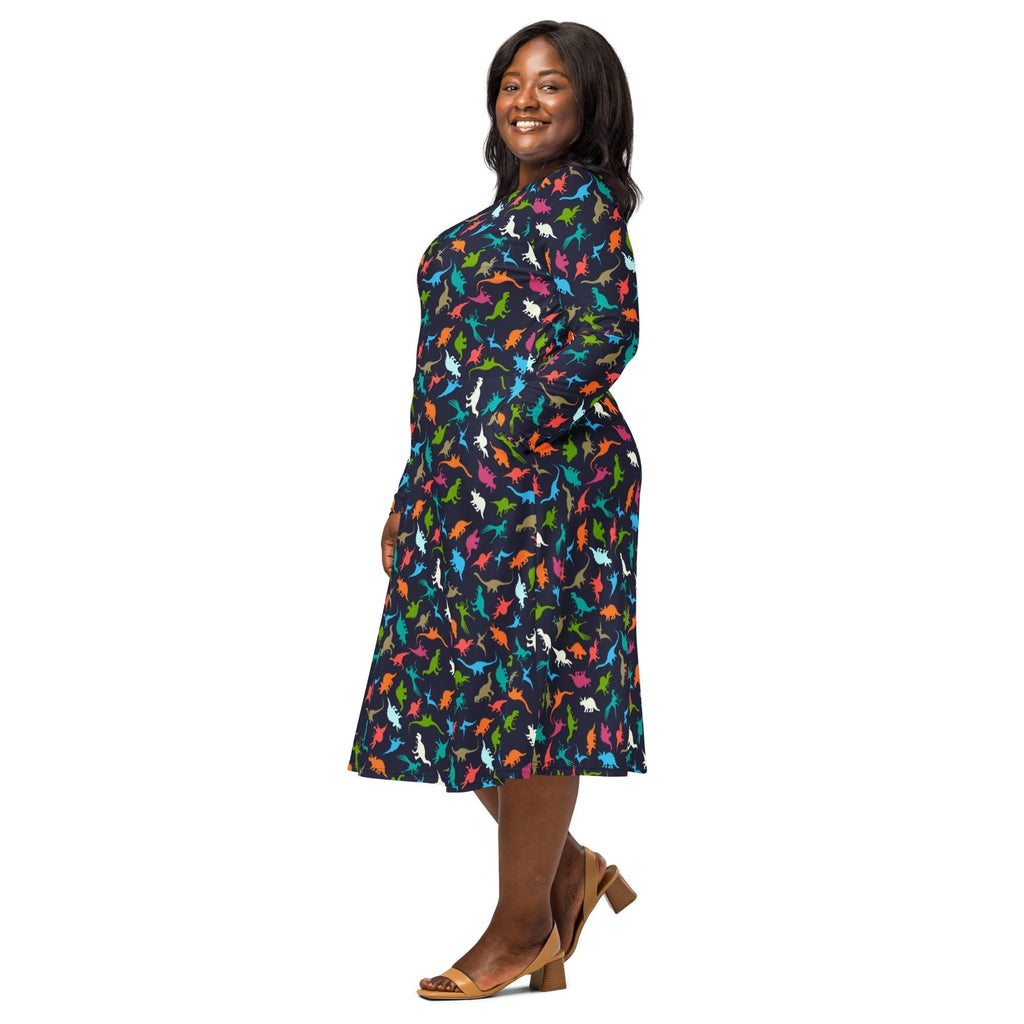 Nerdy Colorful Dinosaur Silhouettes Navy Long Sleeve Midi Dress