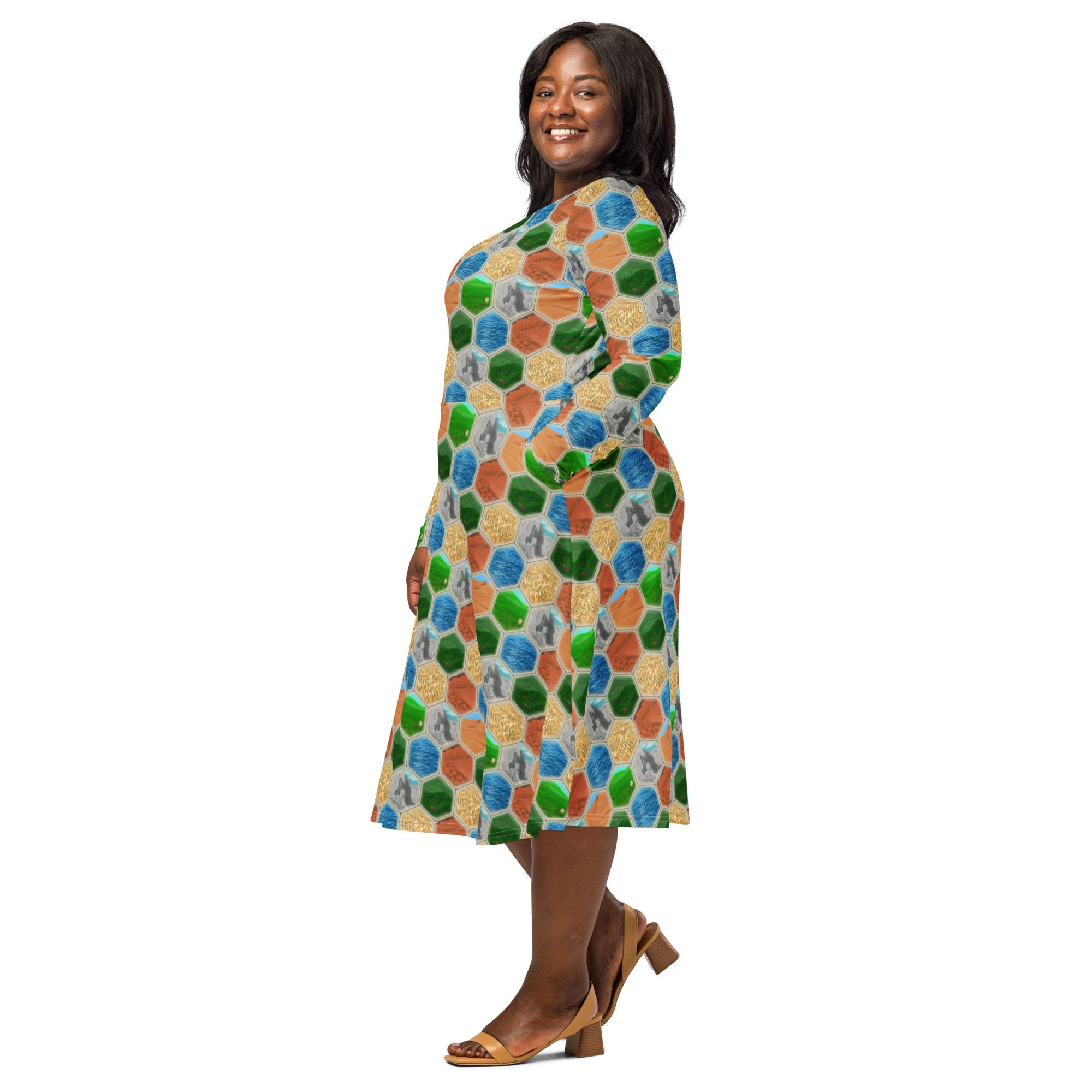 Nerdy Hexagon Tile Board Game Long Sleeve Midi Dress