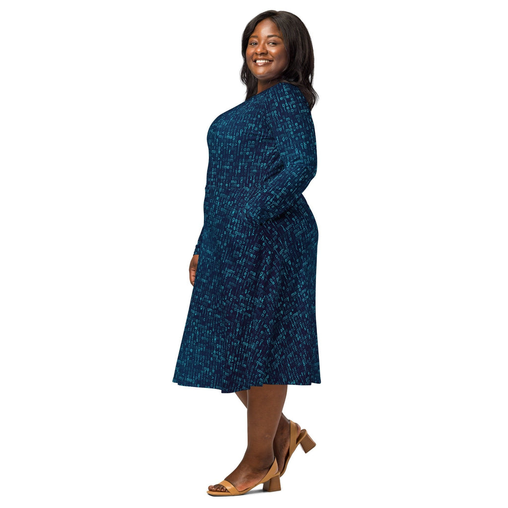Nerdy Javascript Computer Code Blue Long Sleeve Midi Dress