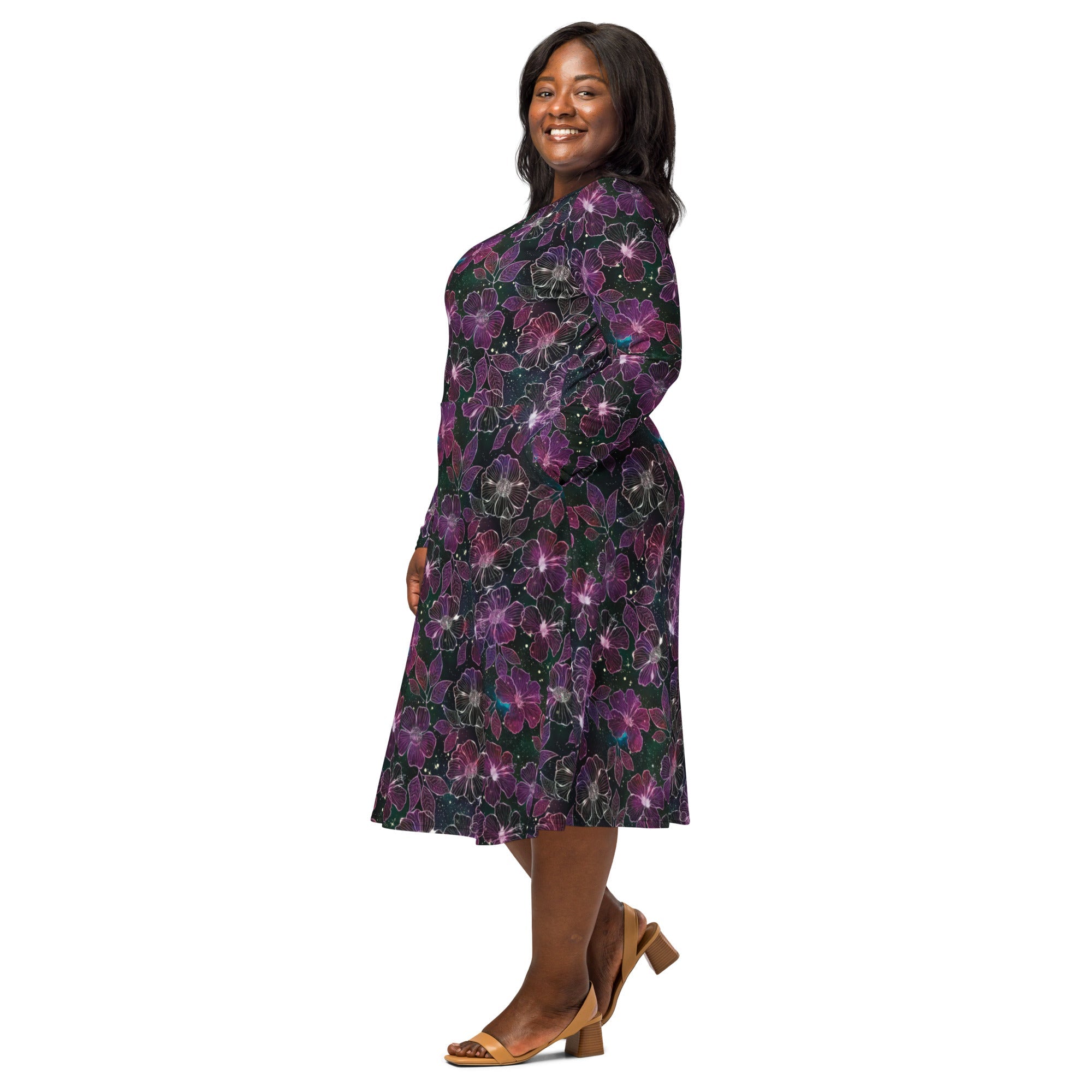 Nerdy Hawaiian Blooms Space Long Sleeve Midi Dress