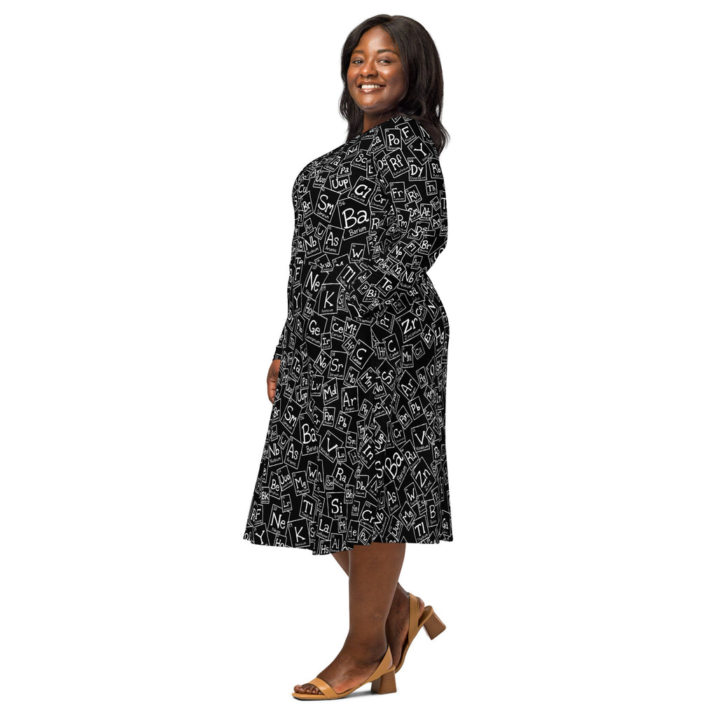 Nerdy Periodic Table BW Long Sleeve Midi Dress