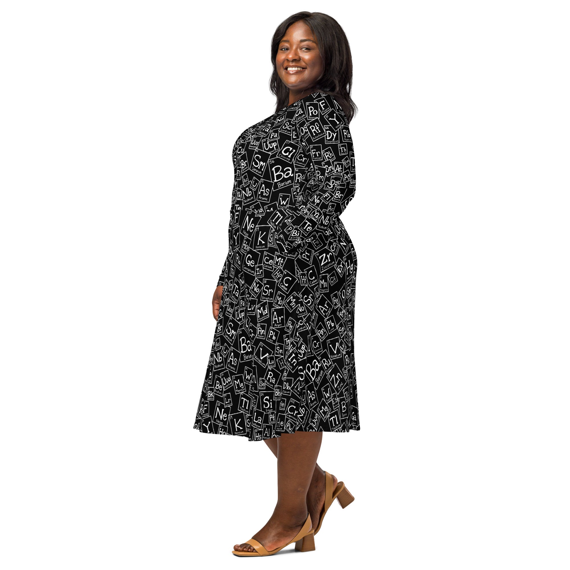 Nerdy Periodic Table BW Long Sleeve Midi Dress