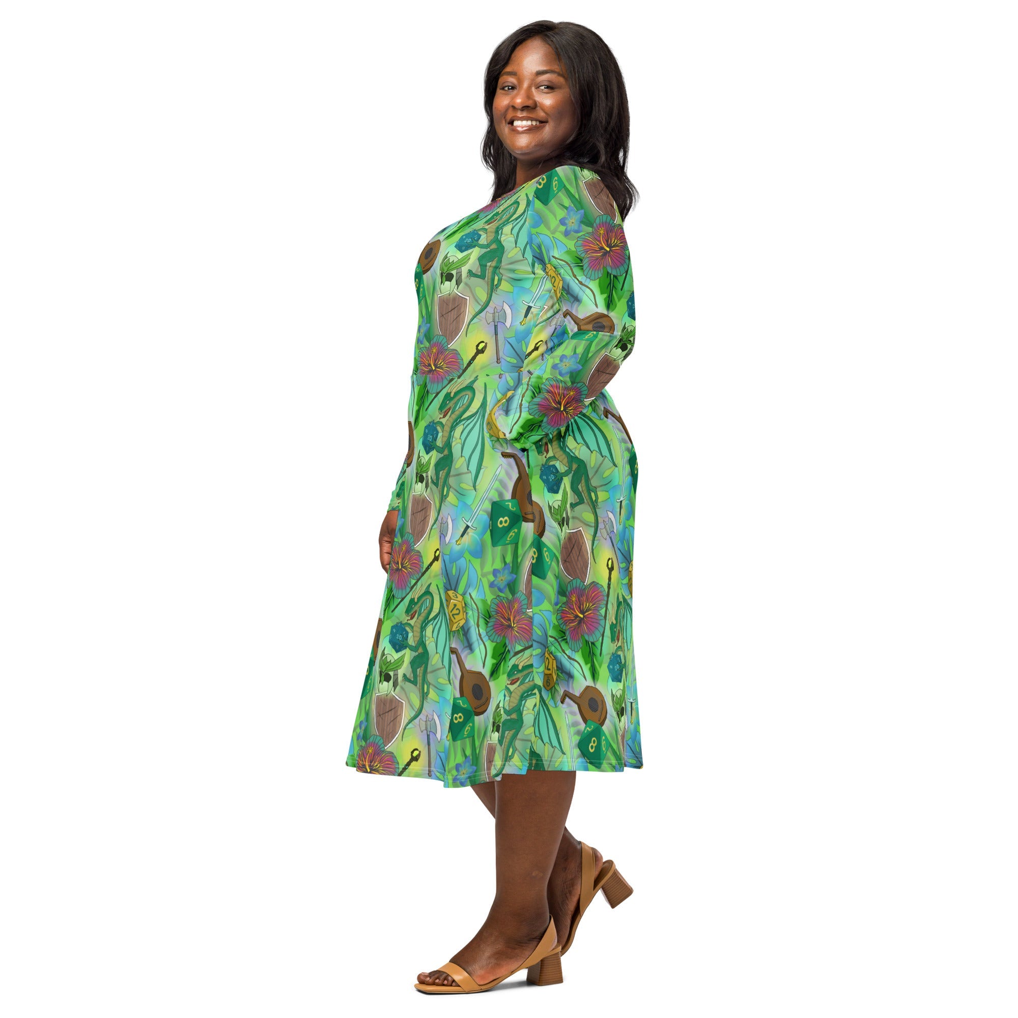 Nerdy Green Dragon Encounter Dnd Long Sleeve Midi Dress