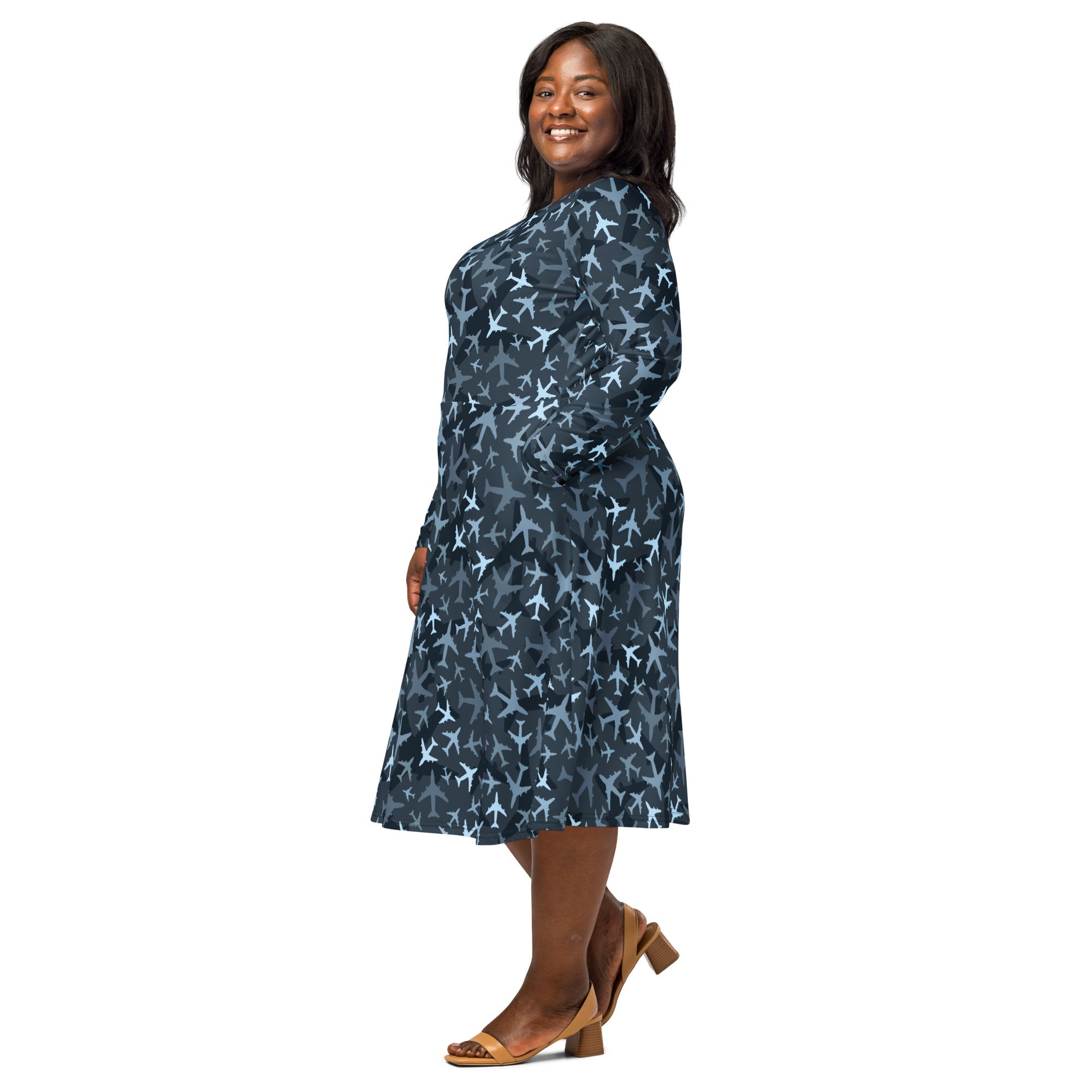 Nerdy Airplanes Blue Camouflage Blue Long Sleeve Midi Dress