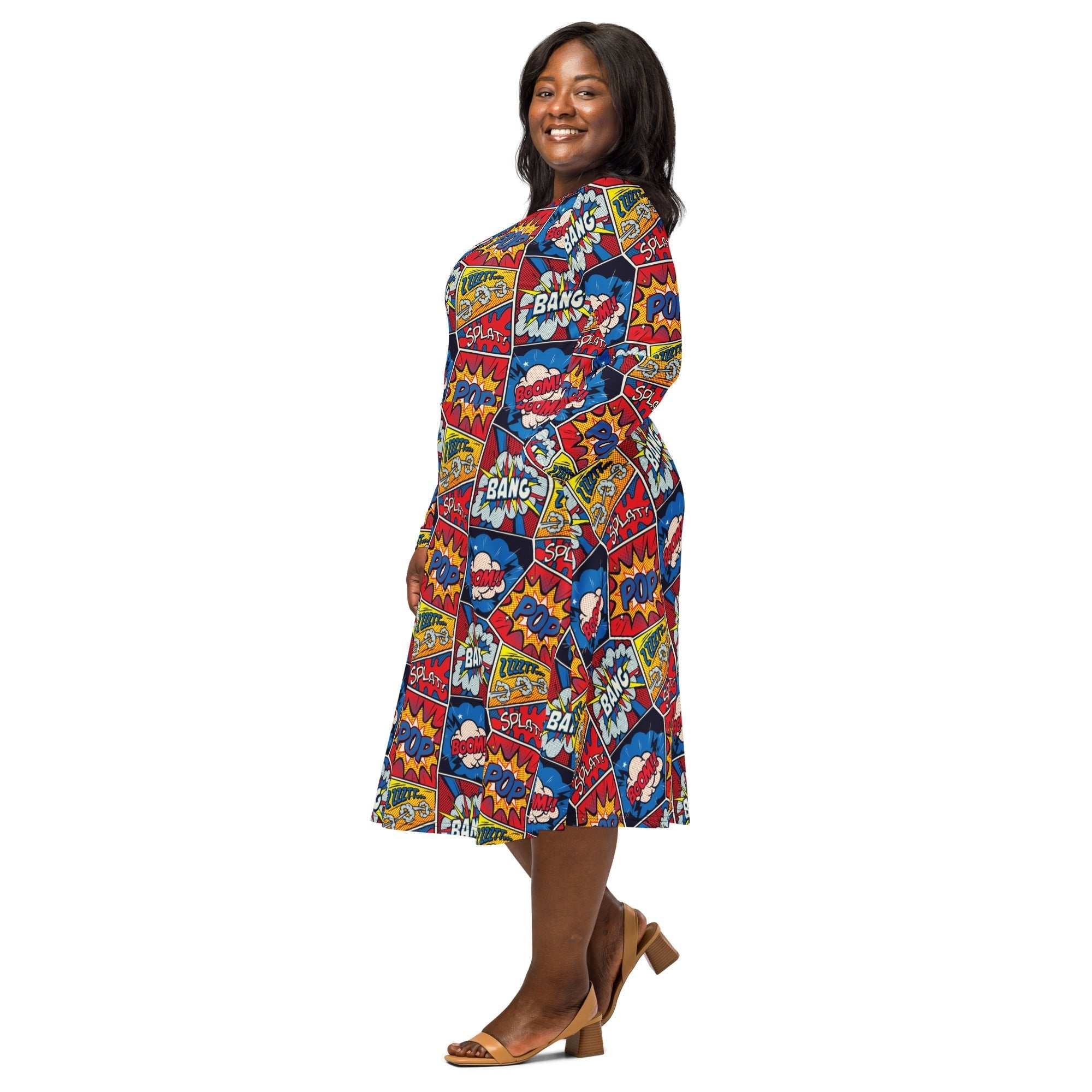 Nerdy Pop Art Comic Book Red Long Sleeve Midi Dress