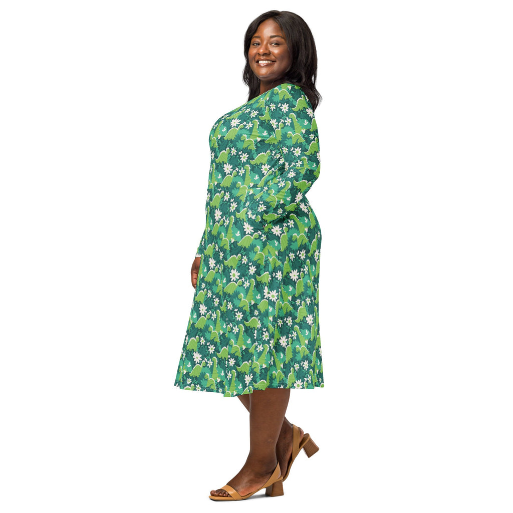Nerdy Dinosaur Smiles Flowers and Leaves Long Sleeve Midi Dress