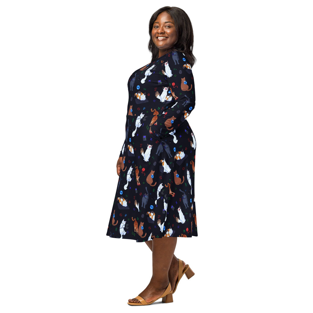Nerdy Video Game Cats Dark Long Sleeve Midi Dress