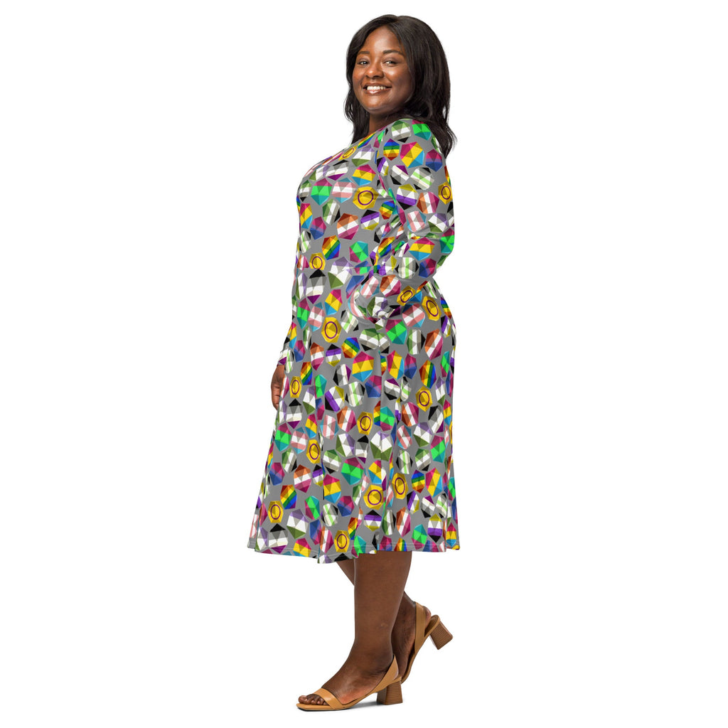 Nerdy Roll with Pride LGBTQ Dice Dnd Long Sleeve Midi Dress