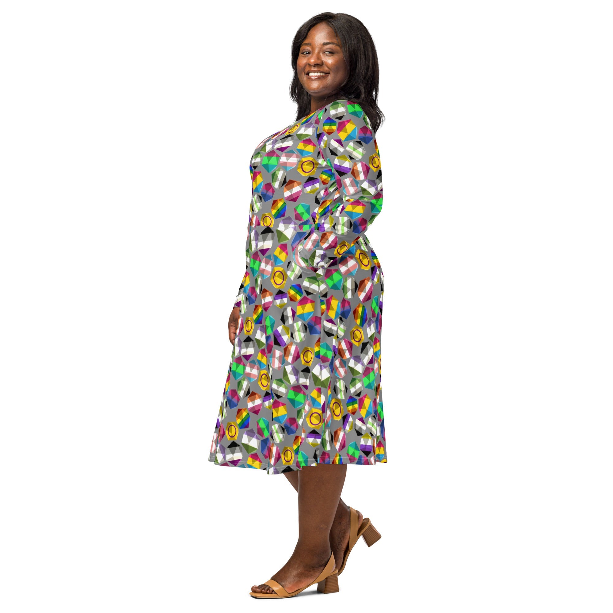 Nerdy Roll with Pride LGBTQ Dice Dnd Long Sleeve Midi Dress