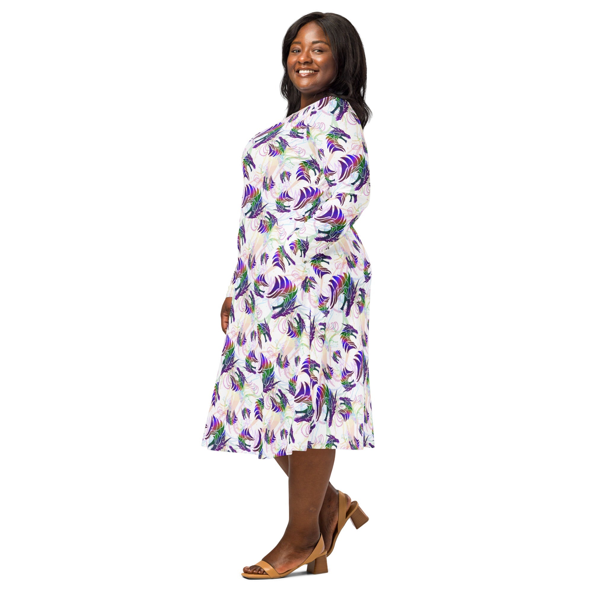 Nerdy Rainbow Dragons and Unicorns Long Sleeve Midi Dress