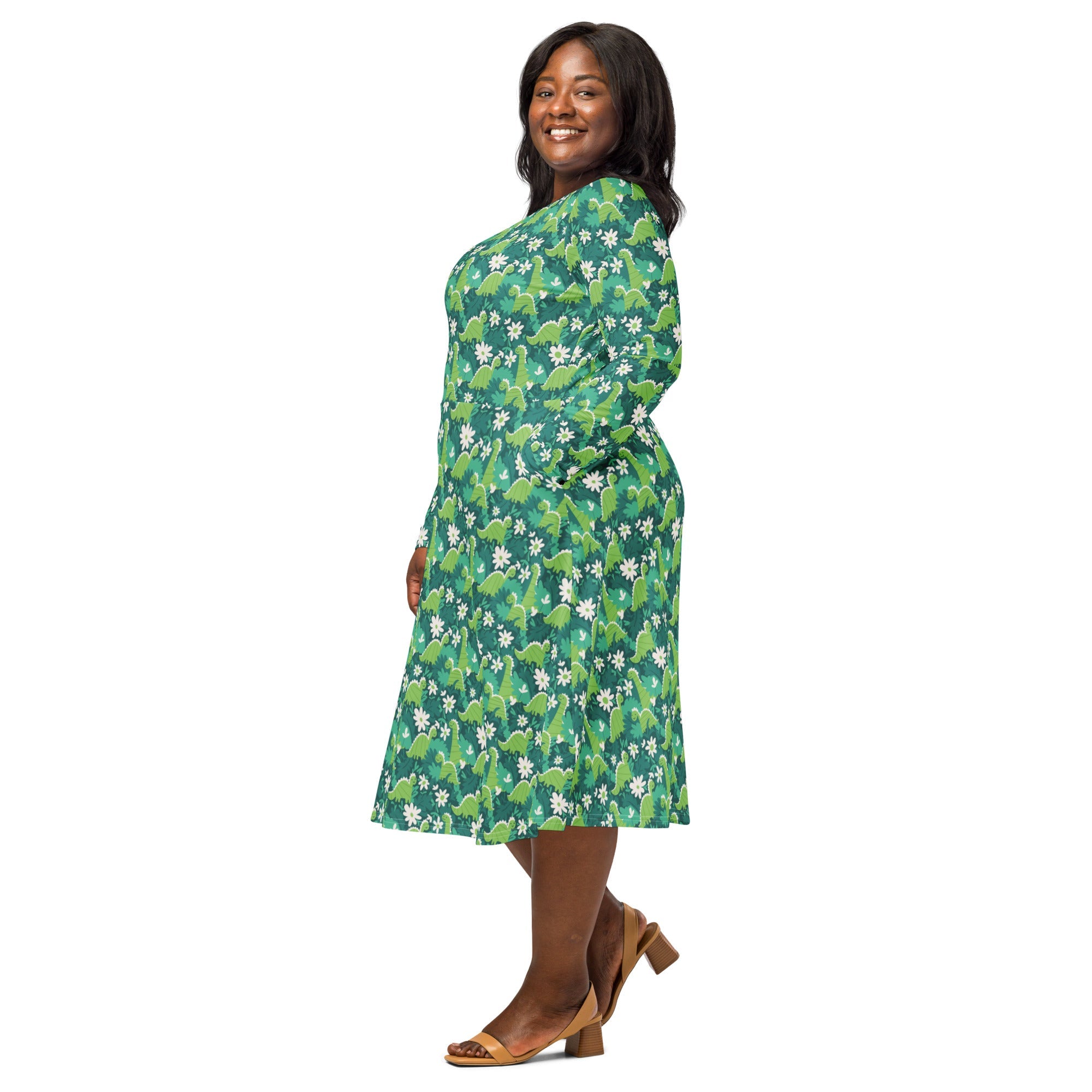 Nerdy Dinosaur Smiles Flowers and Leaves Long Sleeve Midi Dress