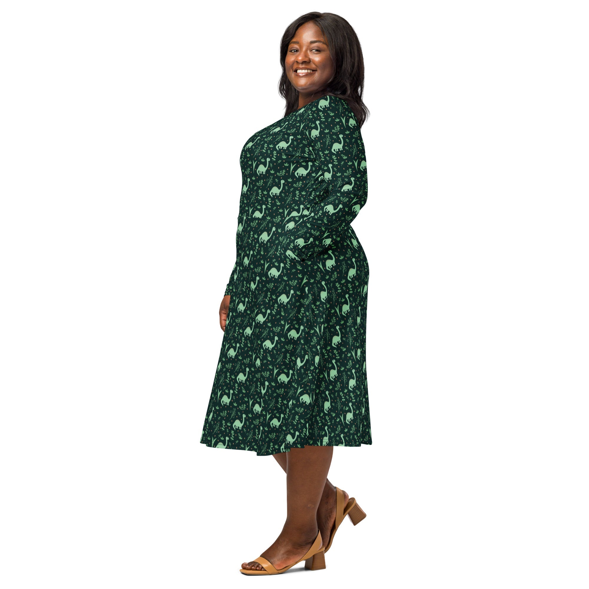 Nerdy Dino Green Tropics Green Dinosaur Long Sleeve Midi Dress