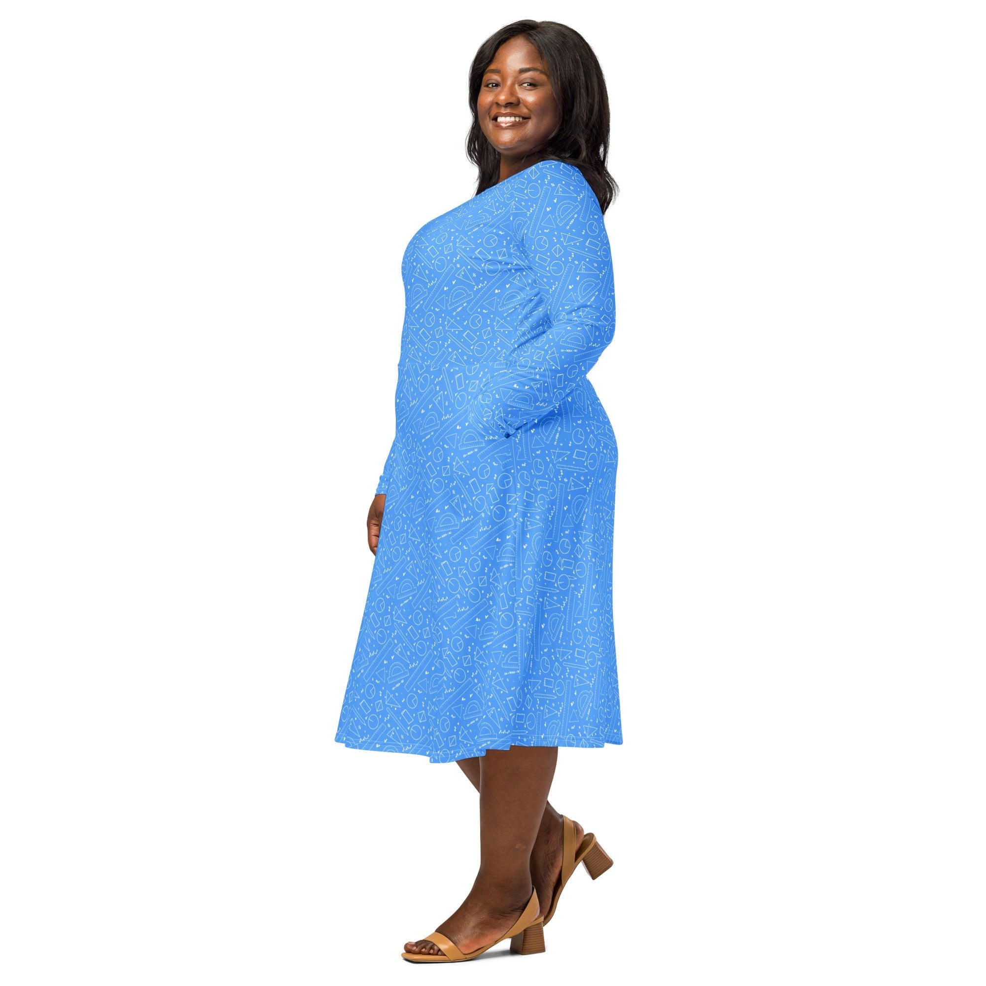 Nerdy Geometry Blue Math Long Sleeve Midi Dress