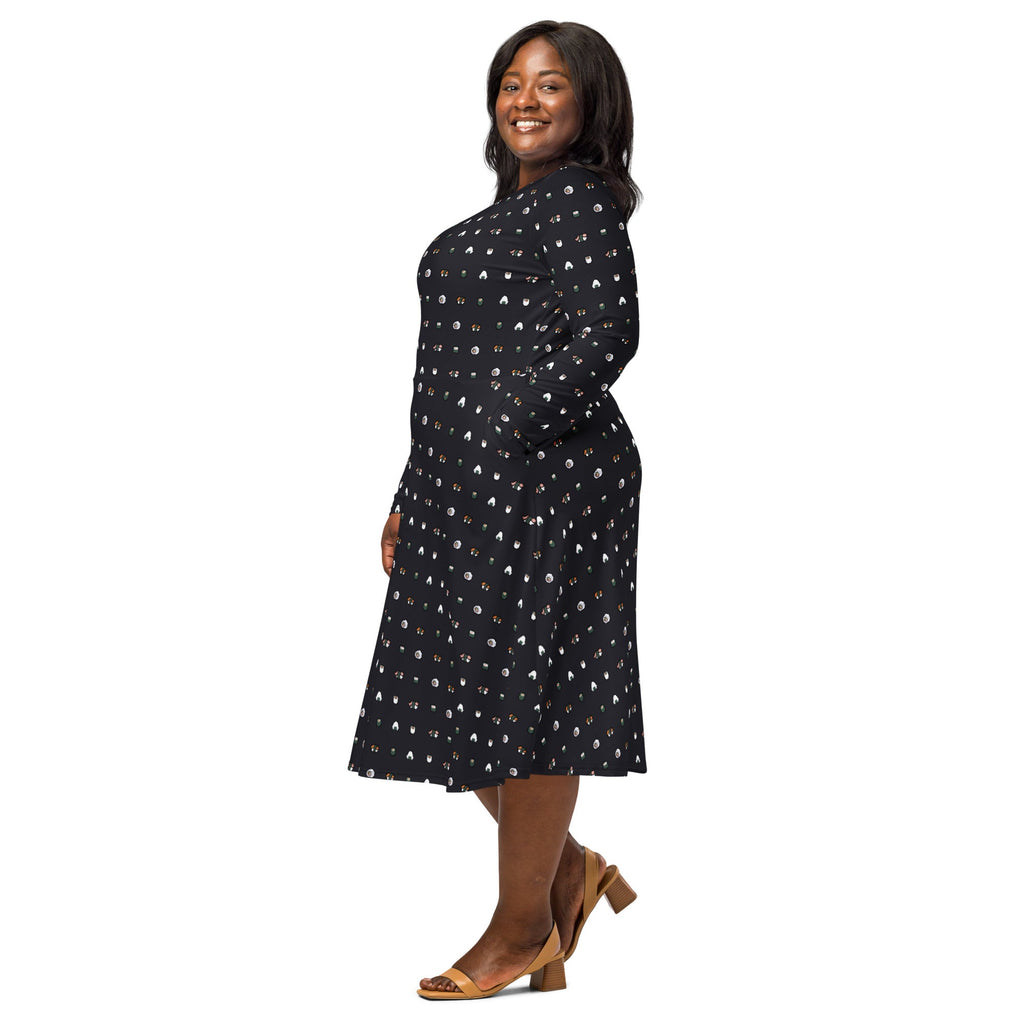 Nerdy Anime Sushi Rolls Dark Long Sleeve Midi Dress