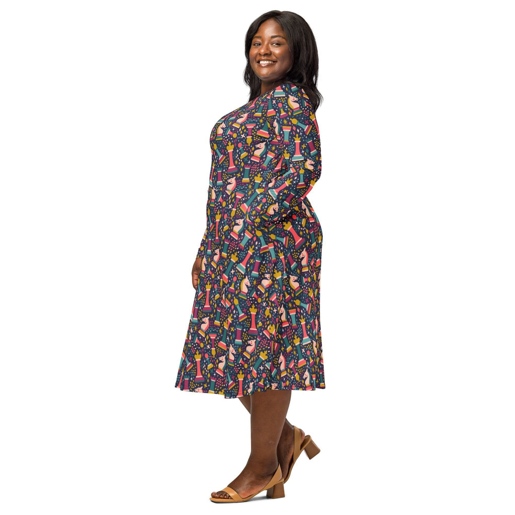 Chess Colorful Chess Pieces Blue Long Sleeve Midi Dress 2