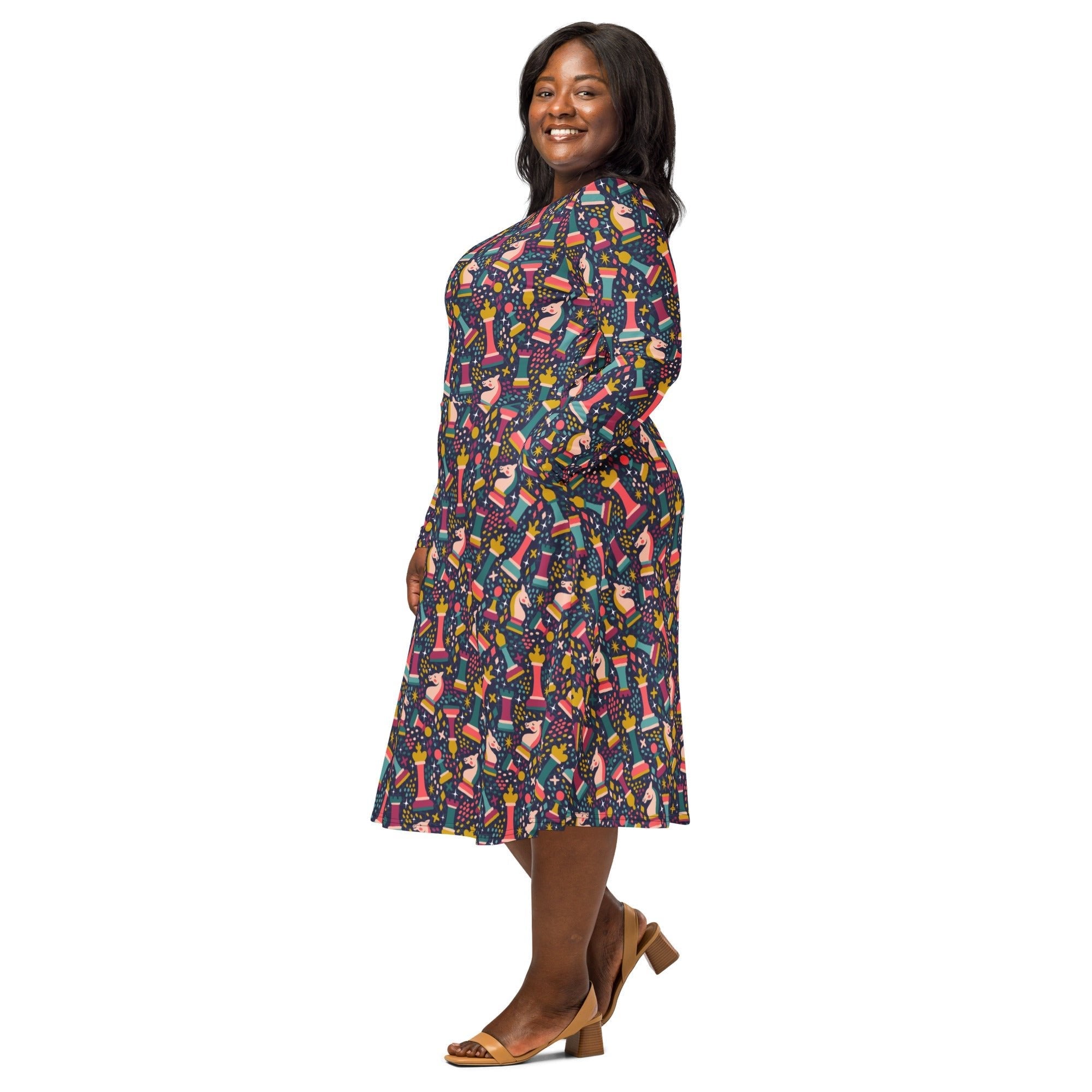 Chess Colorful Chess Pieces Blue Long Sleeve Midi Dress 2