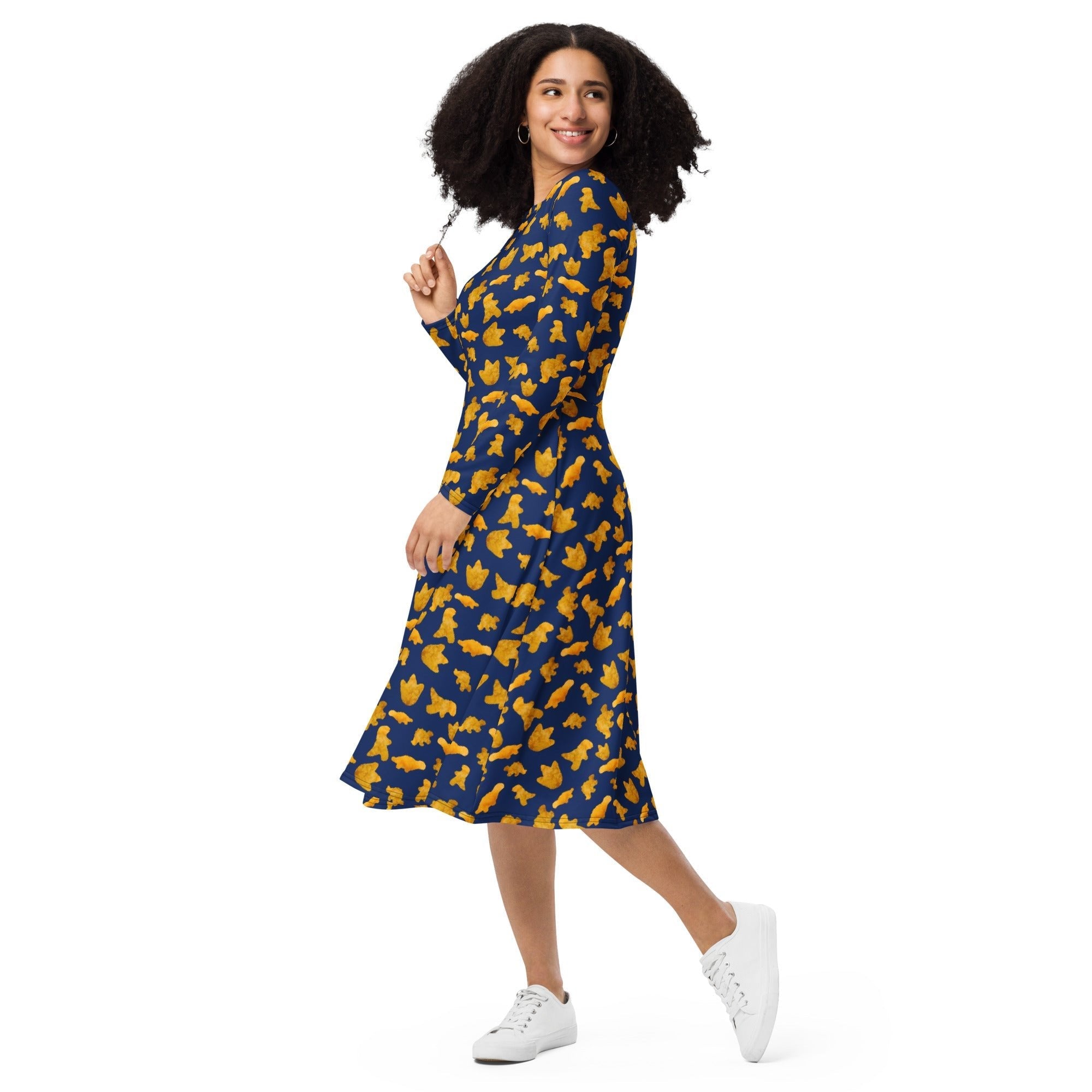 Nerdy Dinosaur Chicken Nuggets Blue Long Sleeve Midi Dress