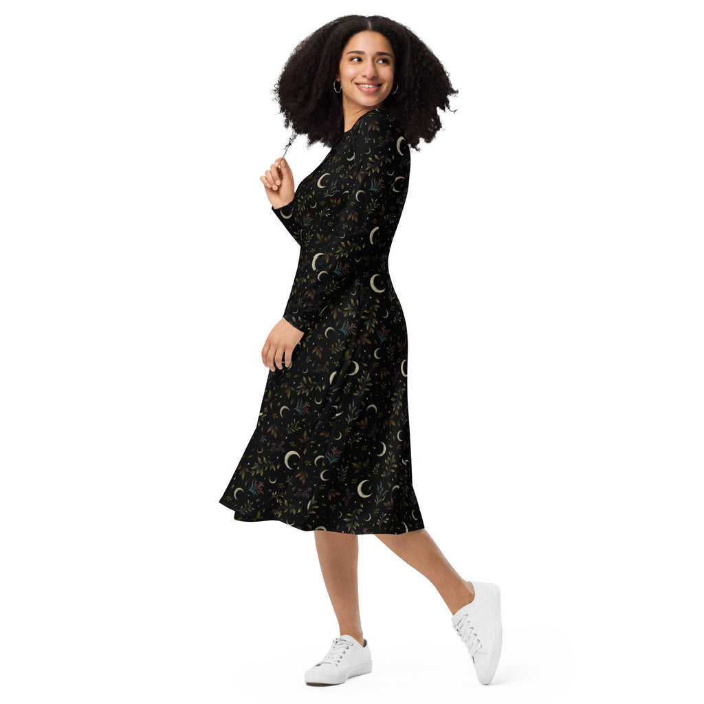 Nerdy Episodic Crescent Moon Garden Long Sleeve Midi Dress