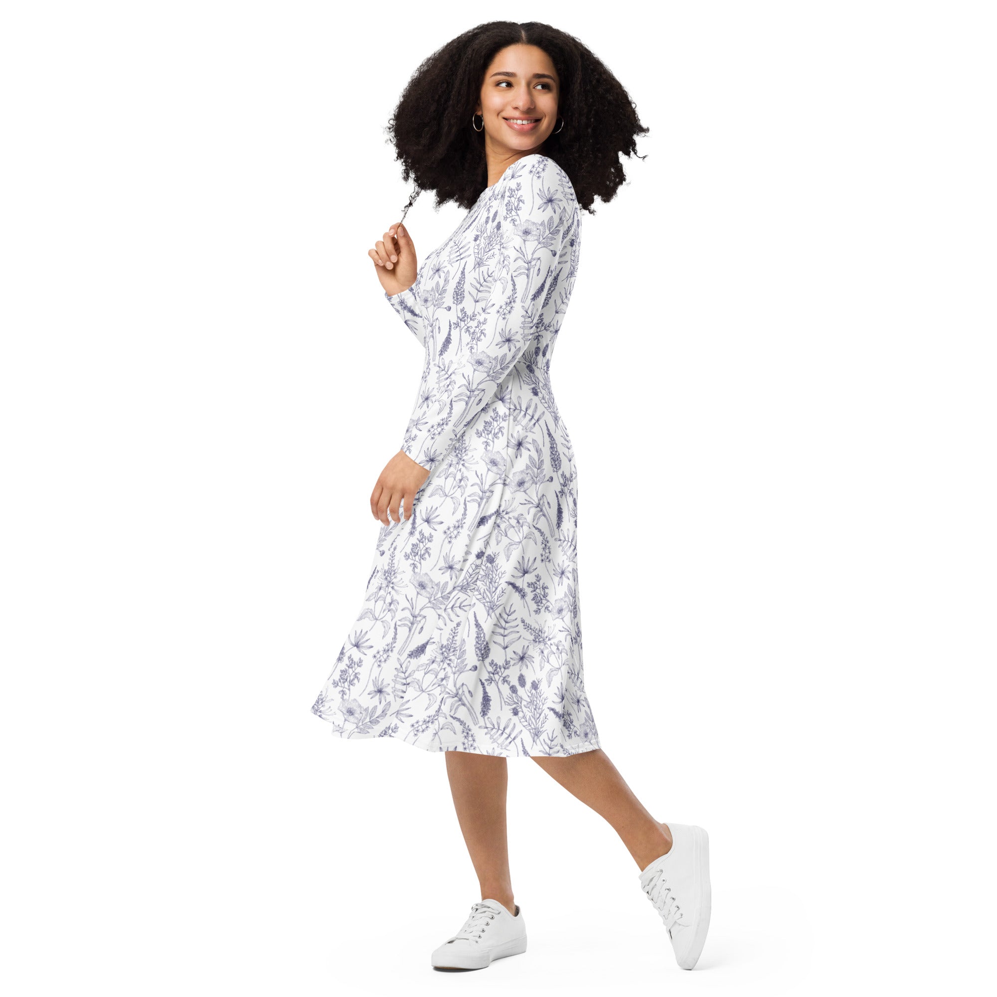 Nerdy Simple Botany Flowers Herbs White Blue Long Sleeve Midi Dress
