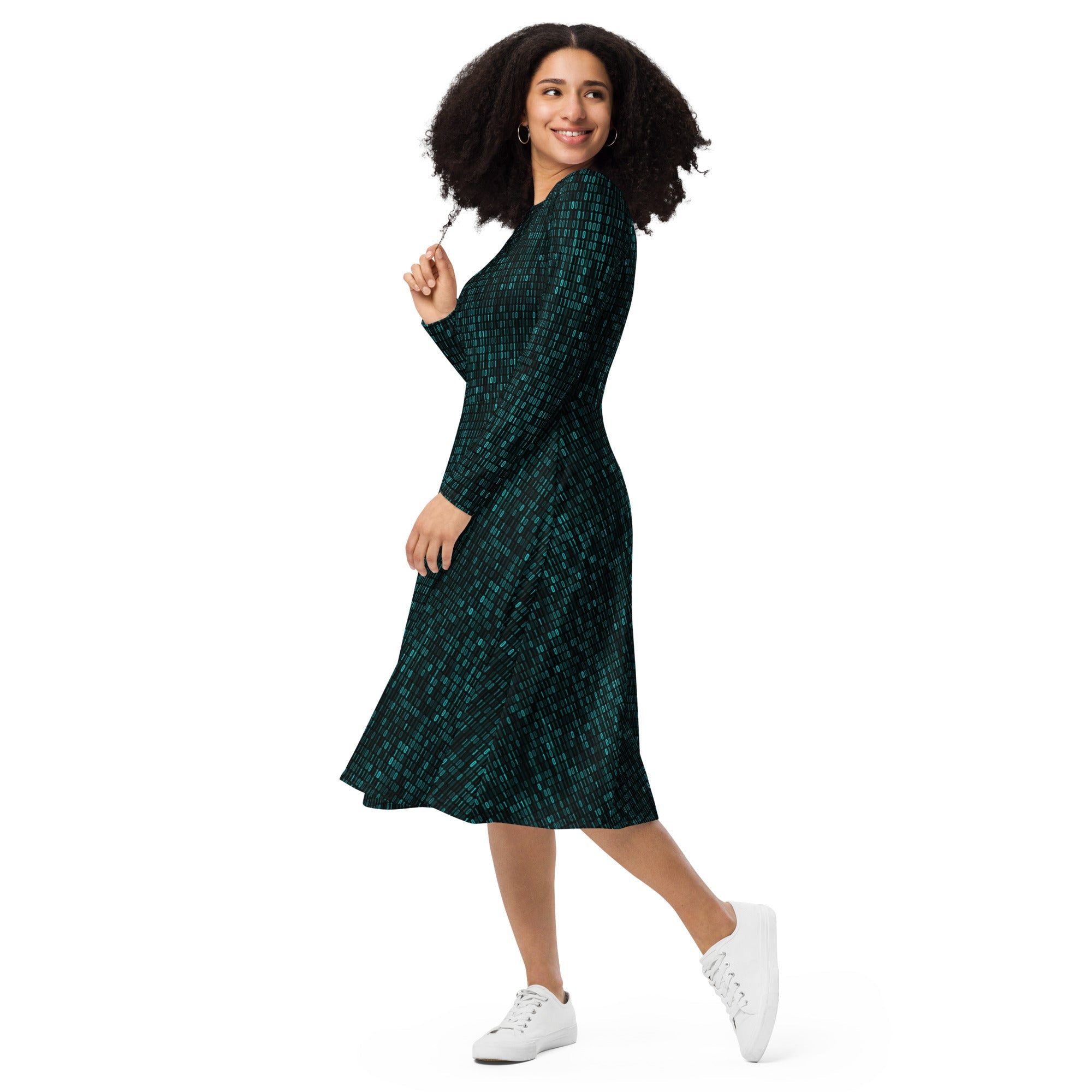 Nerdy Binary Computer 1s and 0s Teal Black Long Sleeve Midi Dress