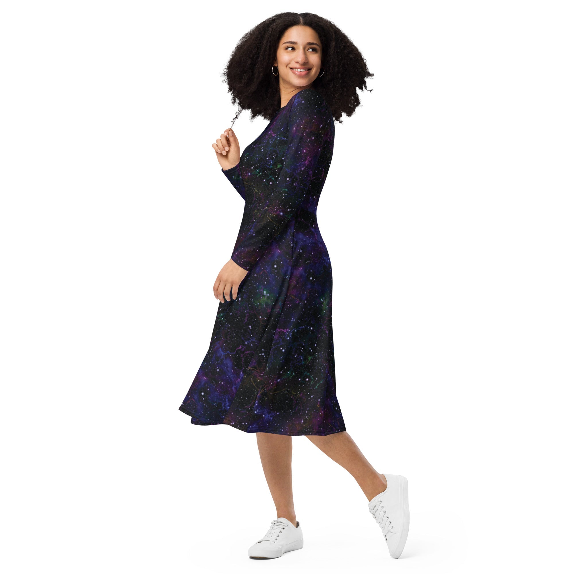 Nerdy Beautiful Nebula Outer Space Long Sleeve Midi Dress