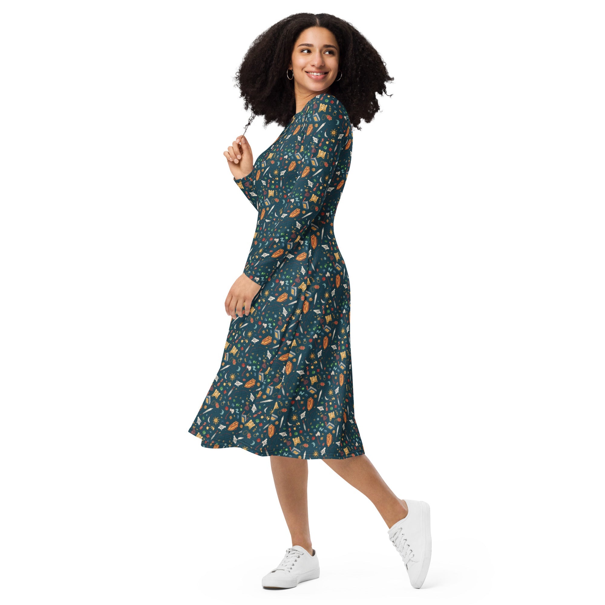 Nerdy Dnd Adventure Long Sleeve Midi Dress