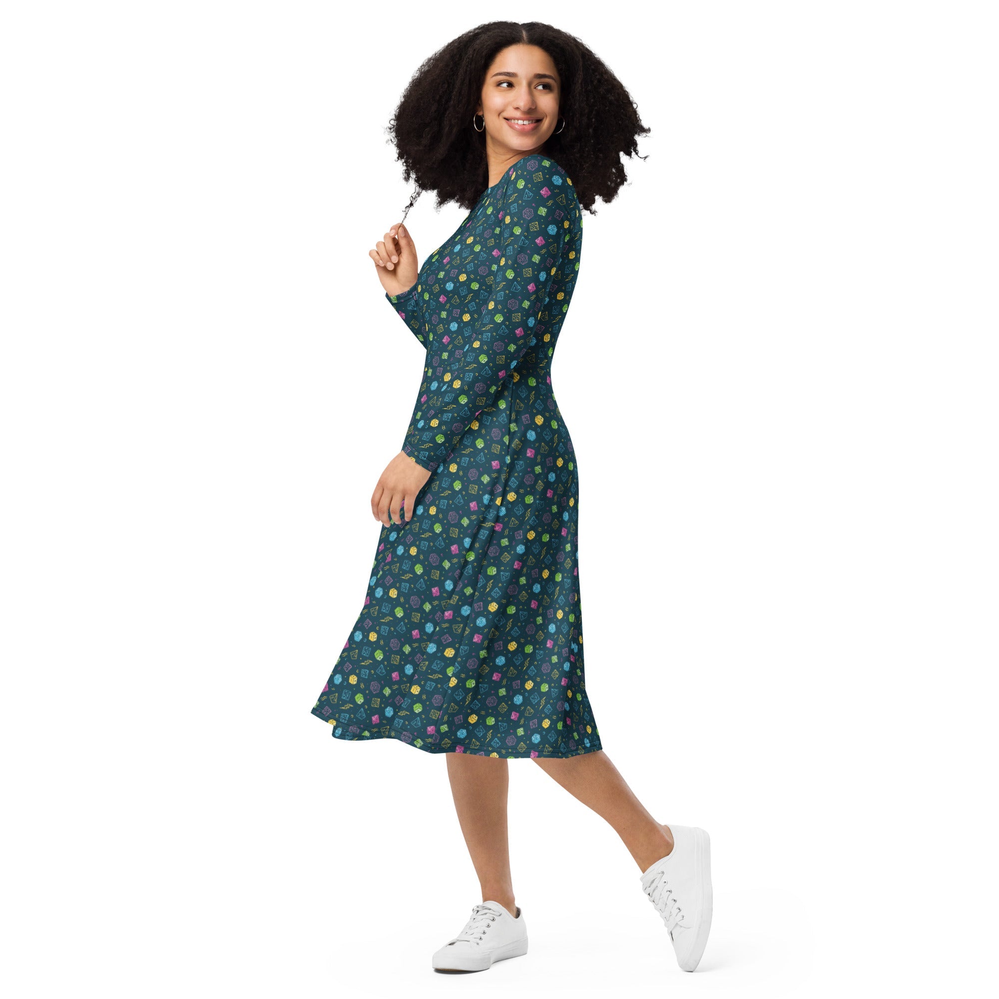 Nerdy Dnd RPG Dice Blue Long Sleeve Midi Dress