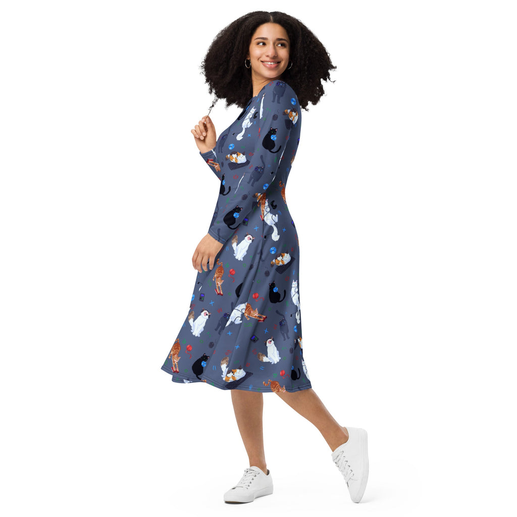 Nerdy Video Game Cats Light Long Sleeve Midi Dress