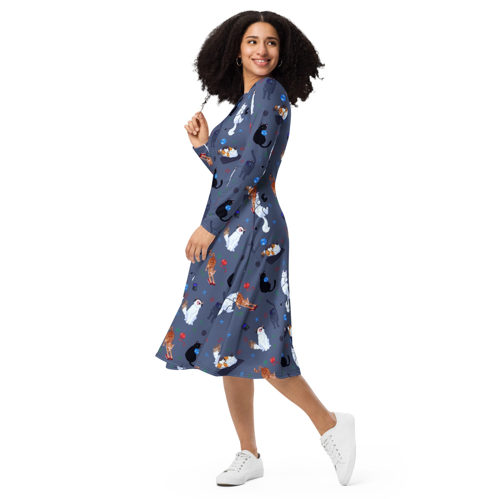 Nerdy Video Game Cats Light Long Sleeve Midi Dress