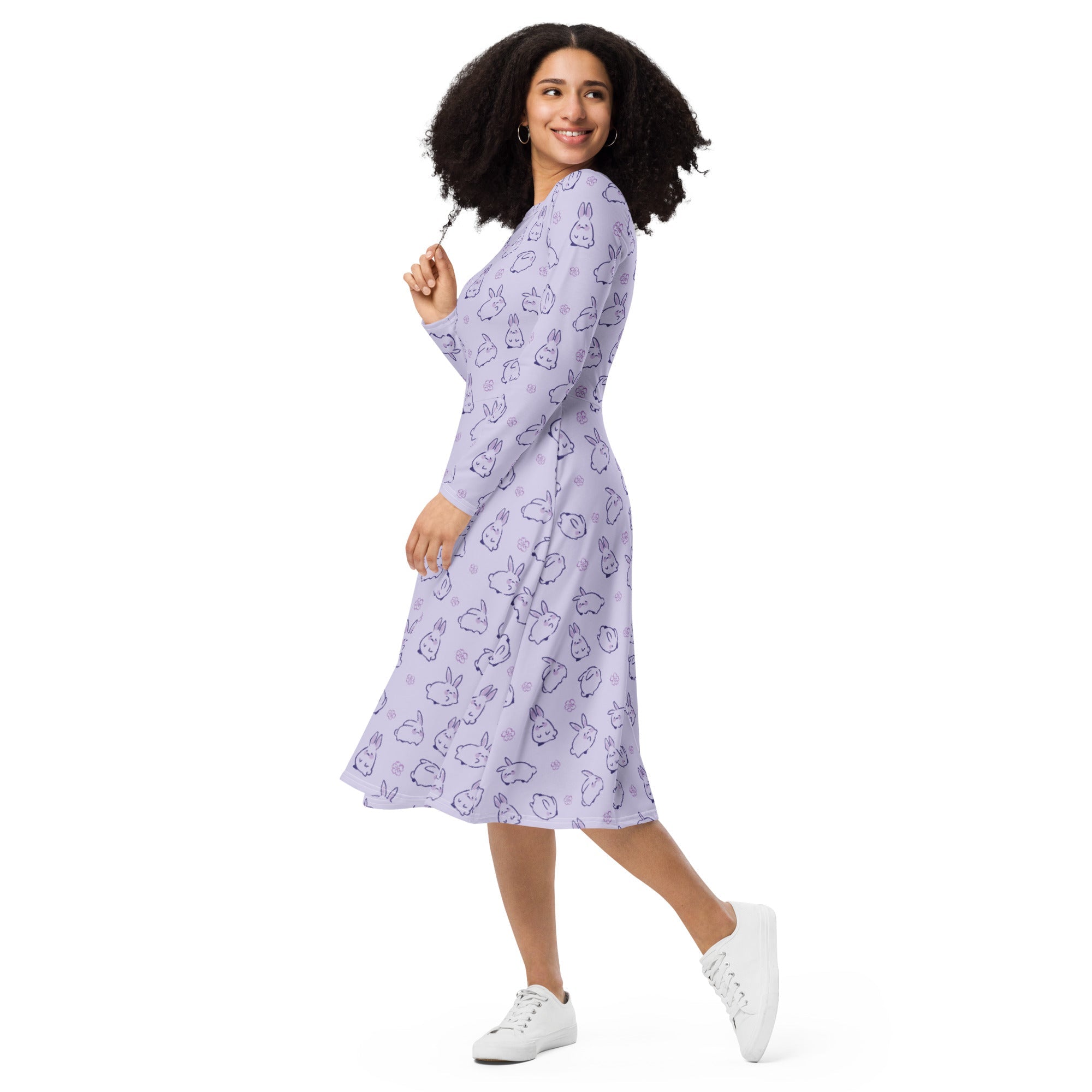 Nerdy Lilac Anime Bunnies Long Sleeve Midi Dress
