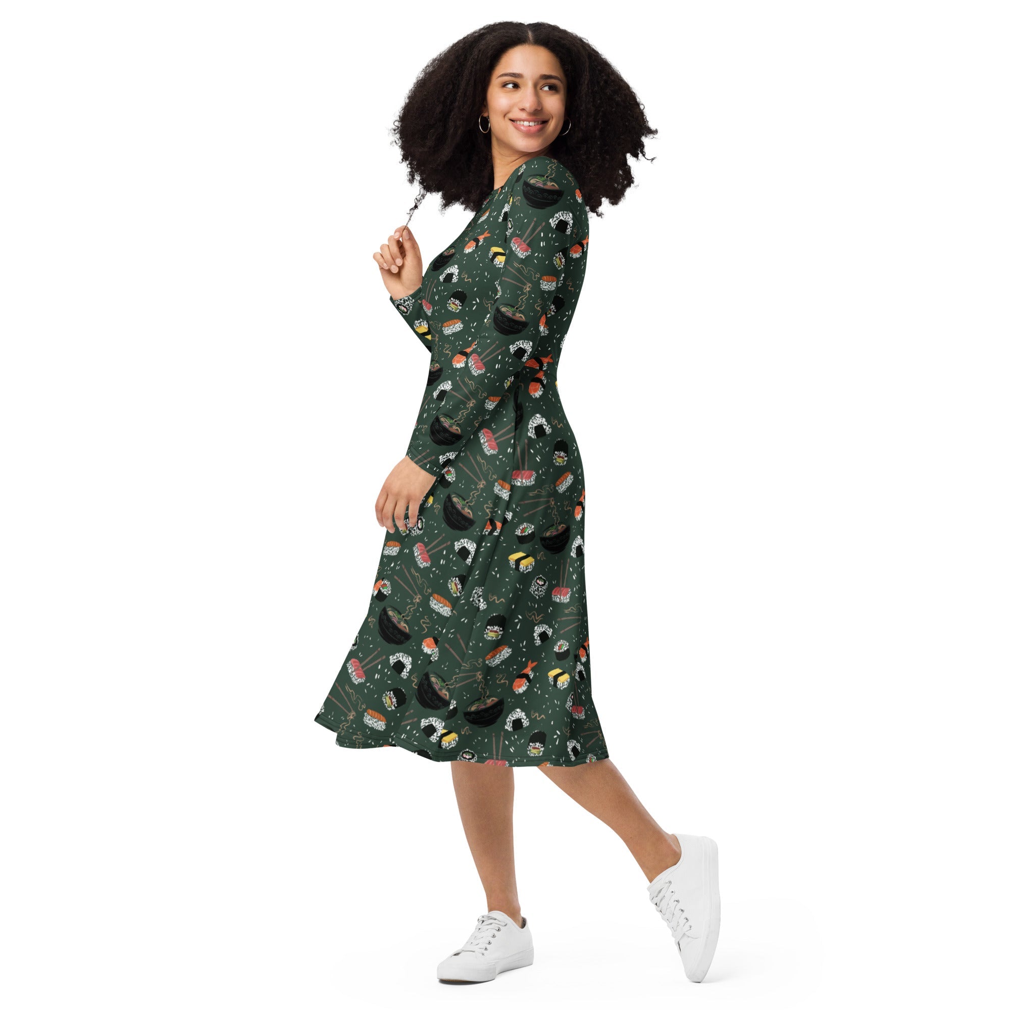Nerdy Oishi Sushi Green Long Sleeve Midi Dress