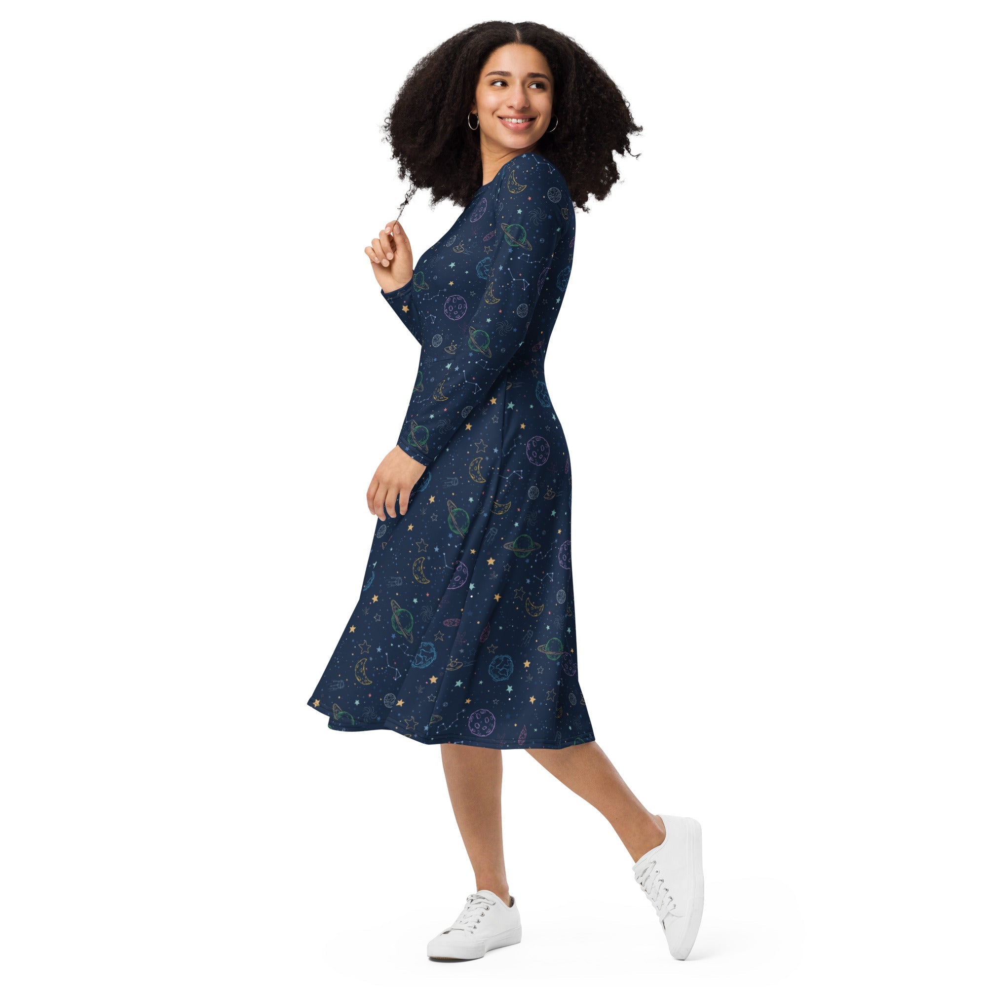Nerdy Space Doodles Blue Long Sleeve Midi Dress