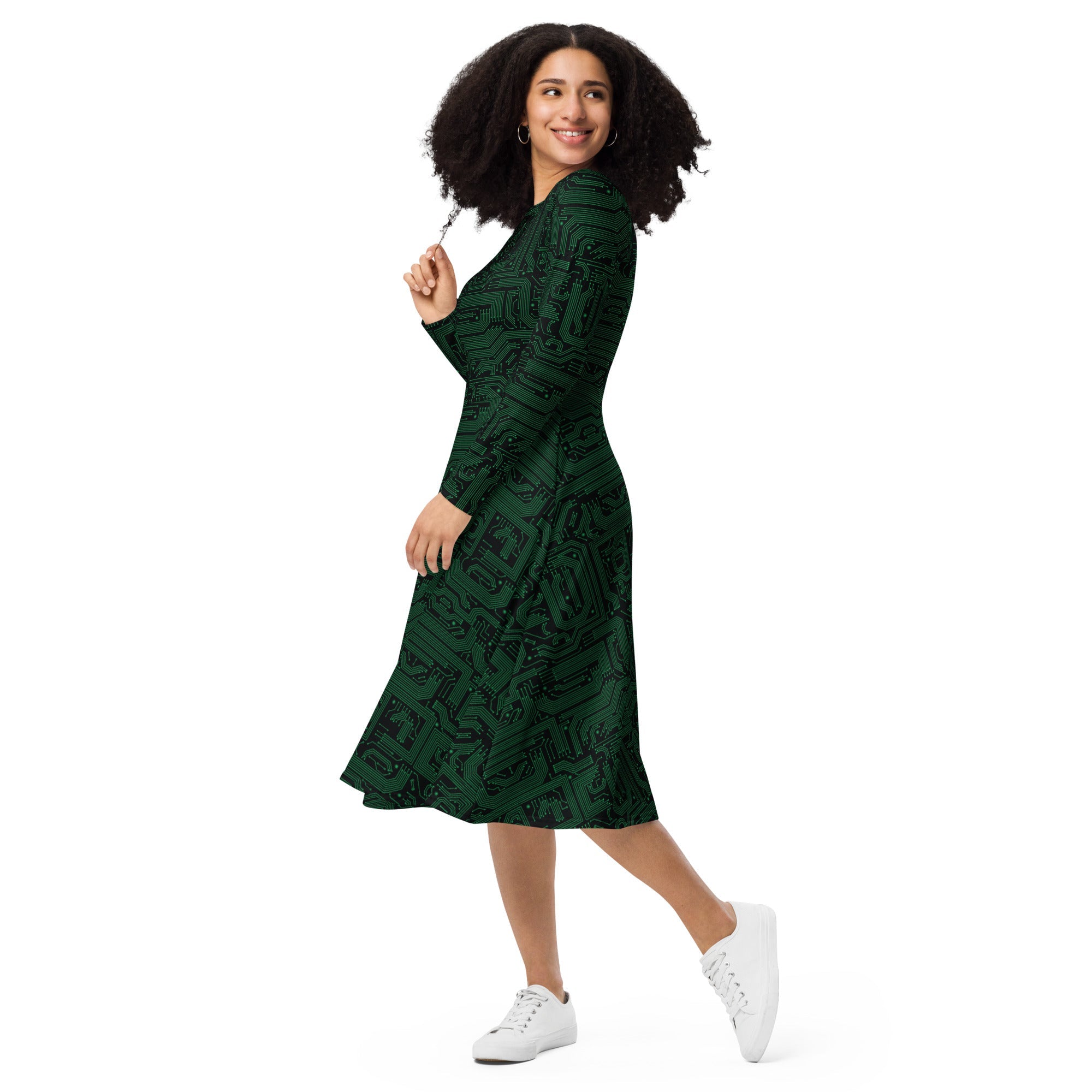 Nerdy Green Computer Circuits Long Sleeve Midi Dress