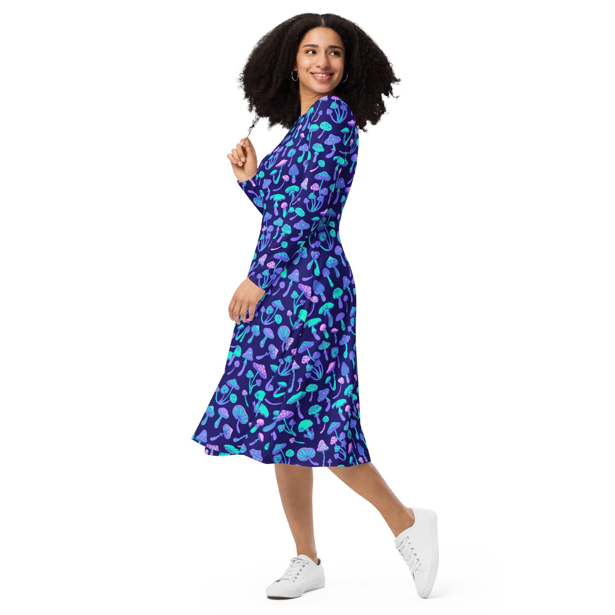 Nerdy Psychedelic Mushrooms Long Sleeve Midi Dress
