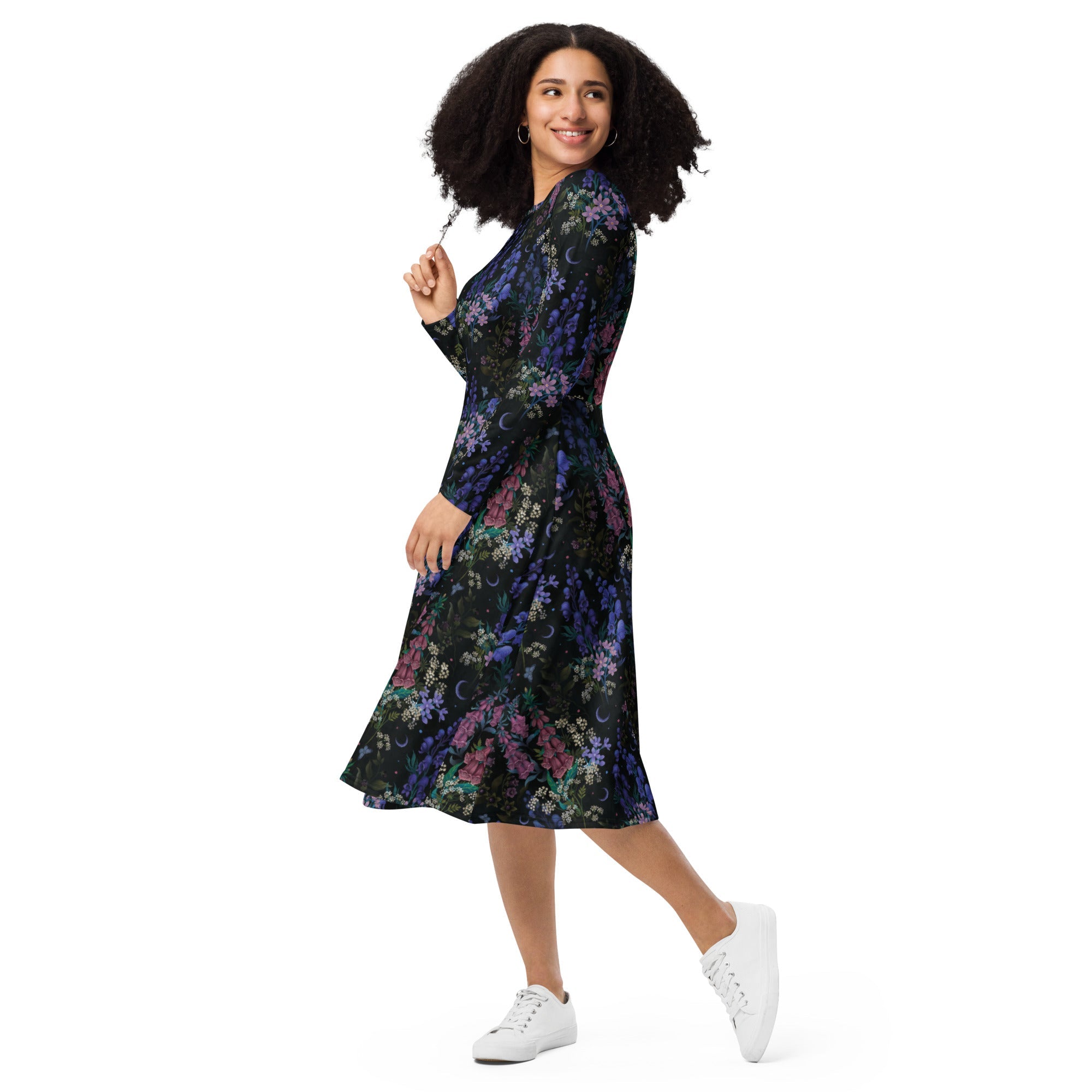 Nerdy Floral Purple Night Long Sleeve Midi Dress